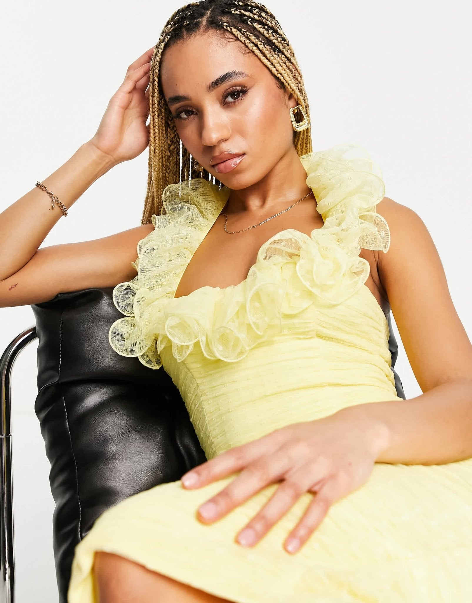 ASOS DESIGN Bodycon ruffle mesh ruched midi dress in lemon yellow - ASOS Sample Sale EU Store