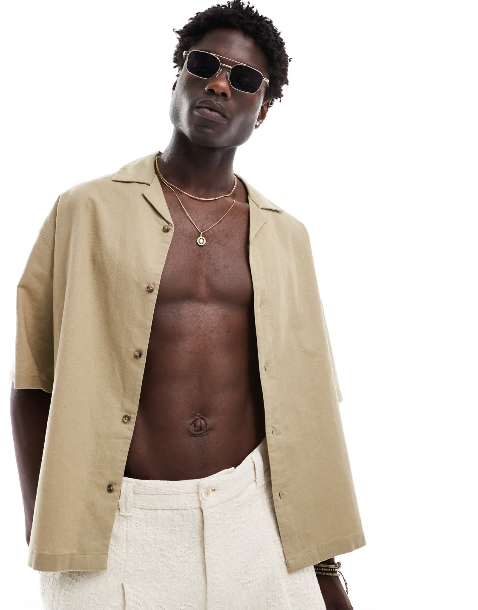 ASOS DESIGN boxy oversized linen blend shirt with revere collar in dark sand - ASOS Sample Sale EU Store