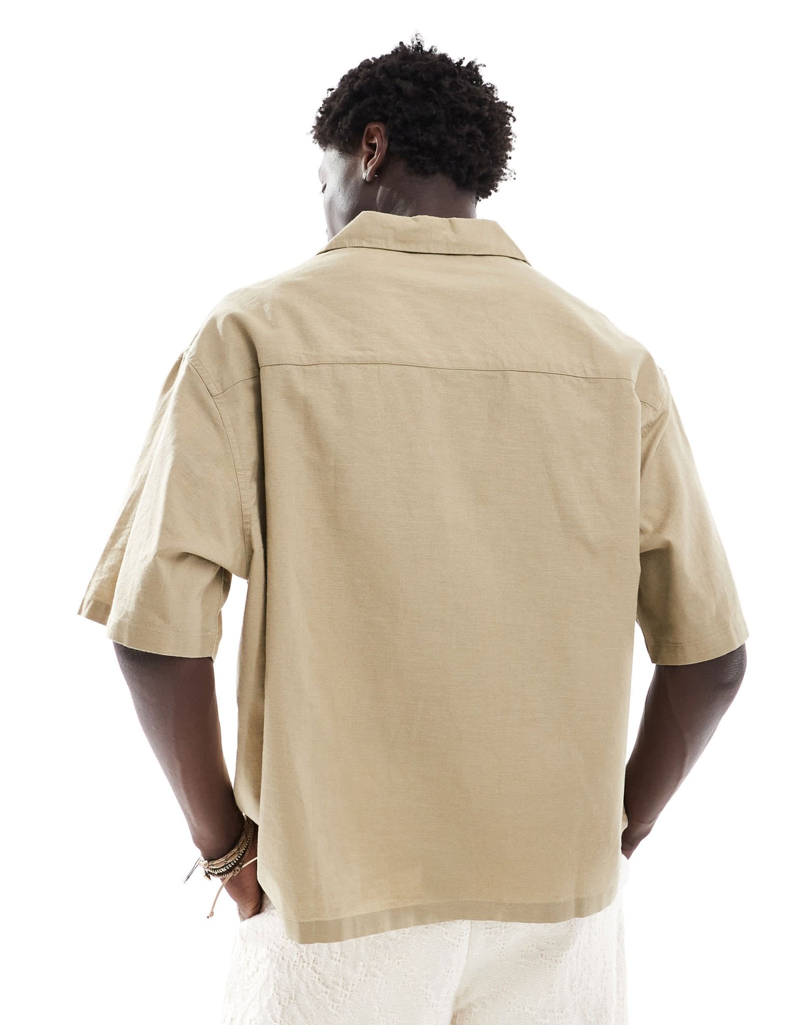 ASOS DESIGN boxy oversized linen blend shirt with revere collar in dark sand - ASOS Sample Sale EU Store
