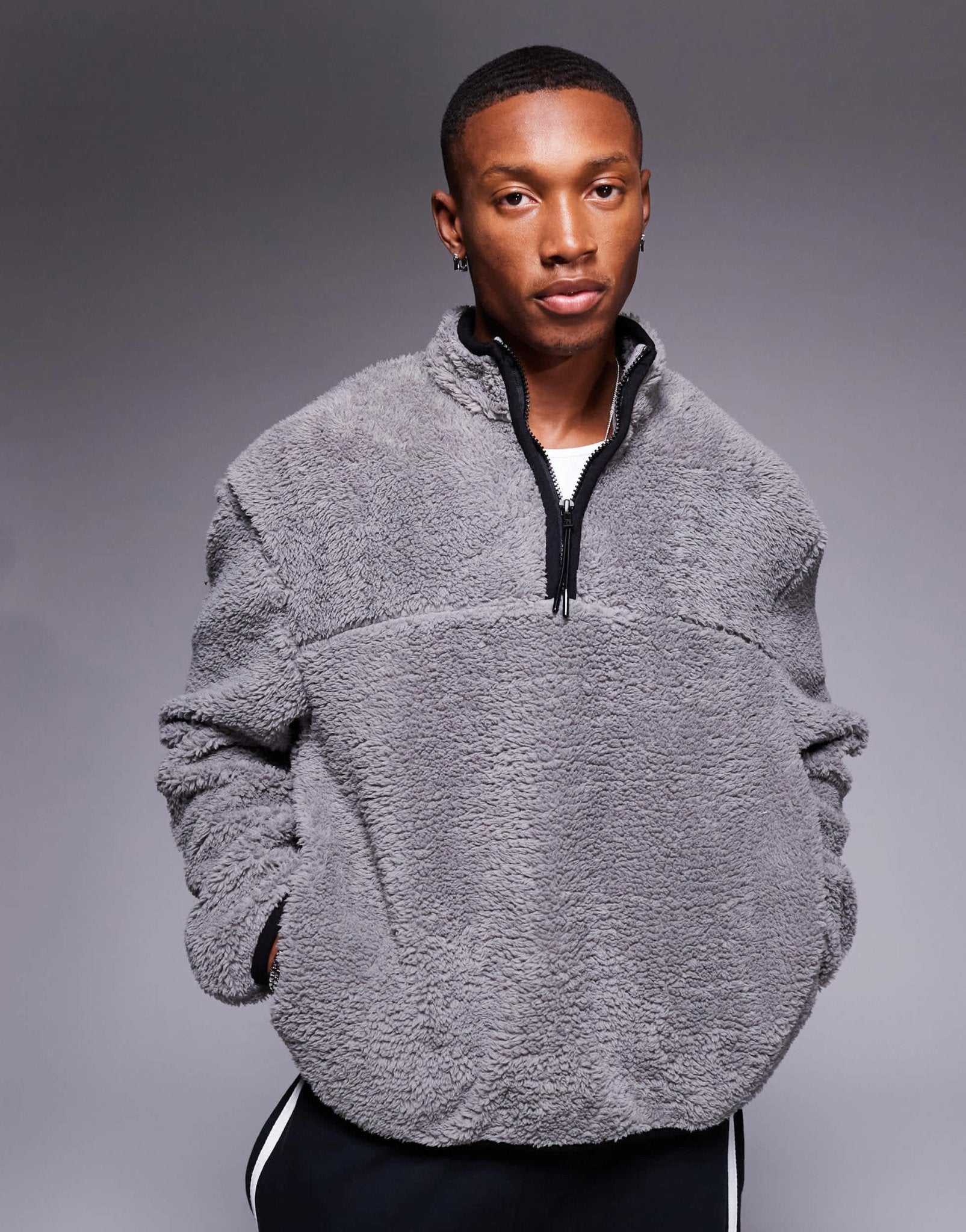 ASOS DESIGN boxy oversized quarter zip borg sweatshirt in grey - ASOS Sample Sale EU Store