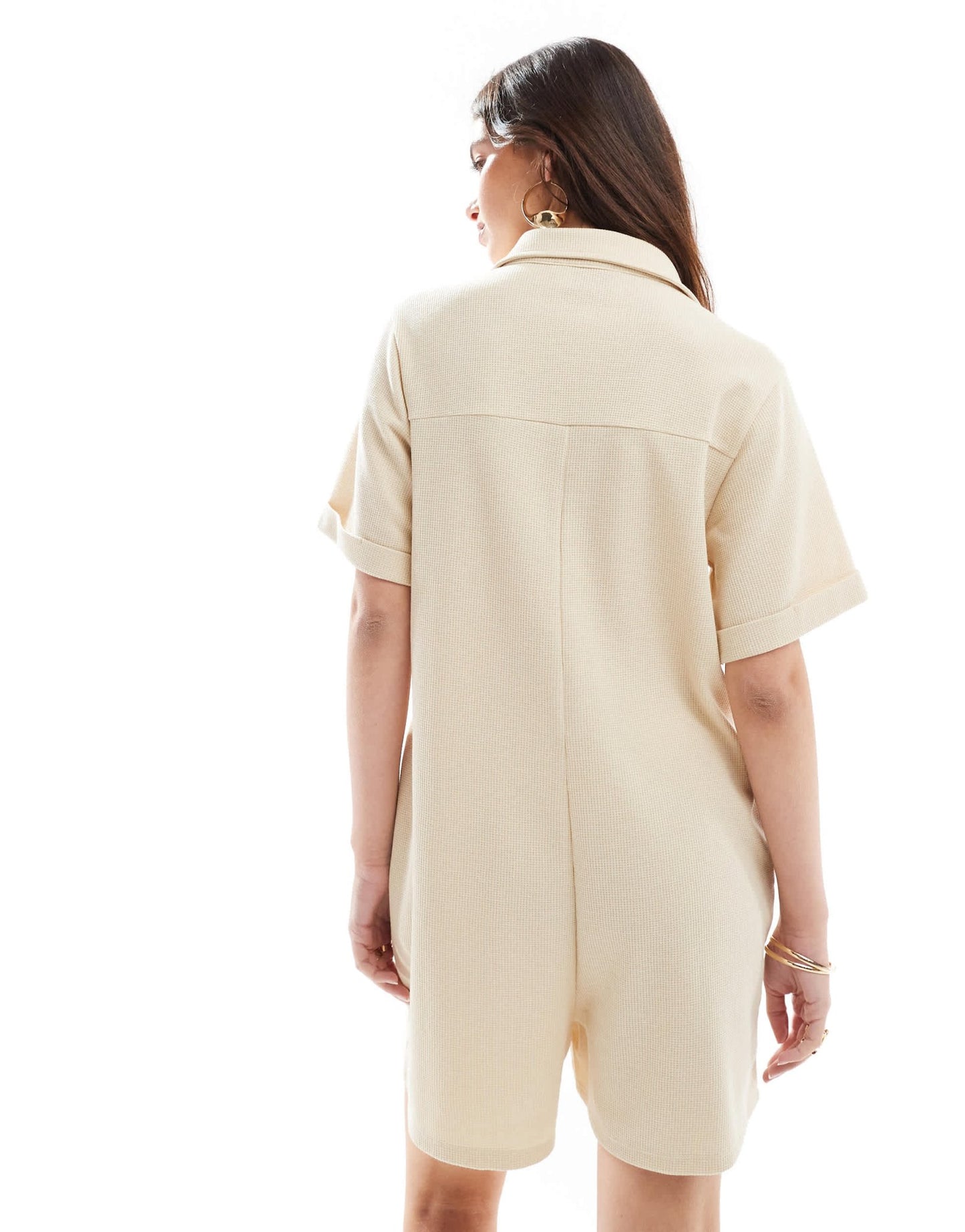 ASOS DESIGN boxy playsuit with shirt collar and half button placket in stone - ASOS Sample Sale EU Store