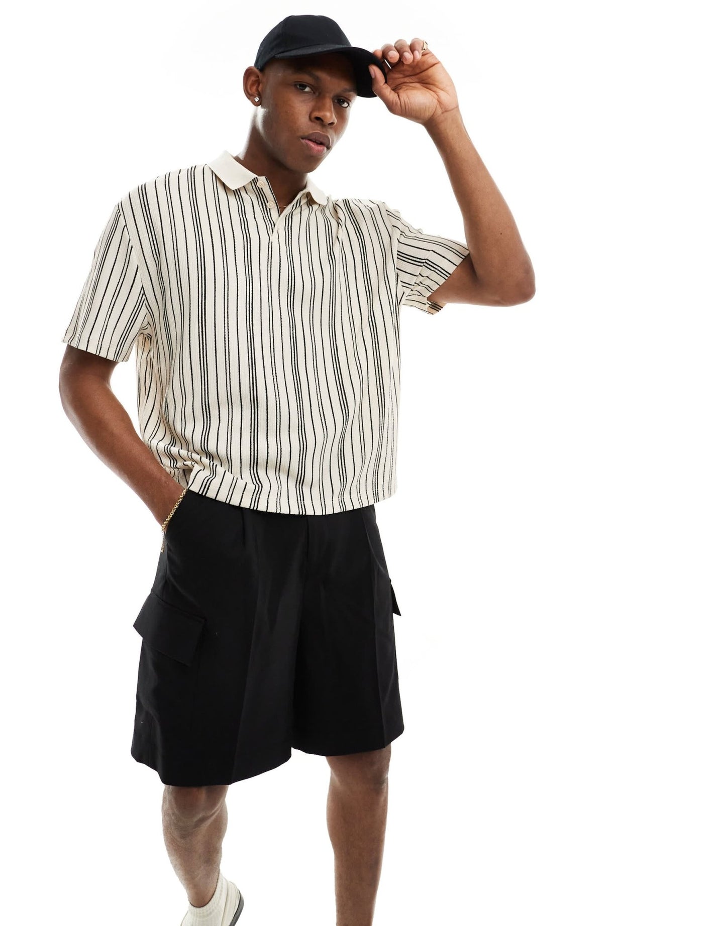 ASOS DESIGN boxy relaxed button polo shirt in neutral textured stripe - ASOS Sample Sale EU Store