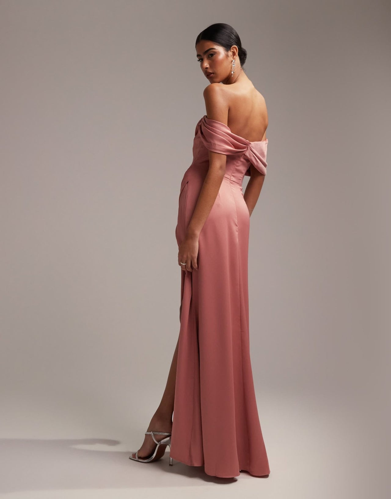 ASOS DESIGN Bridesmaid satin bardot drape wrap maxi dress in dusky rose - ASOS Sample Sale EU Store