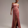 ASOS DESIGN Bridesmaid satin bardot drape wrap maxi dress in dusky rose