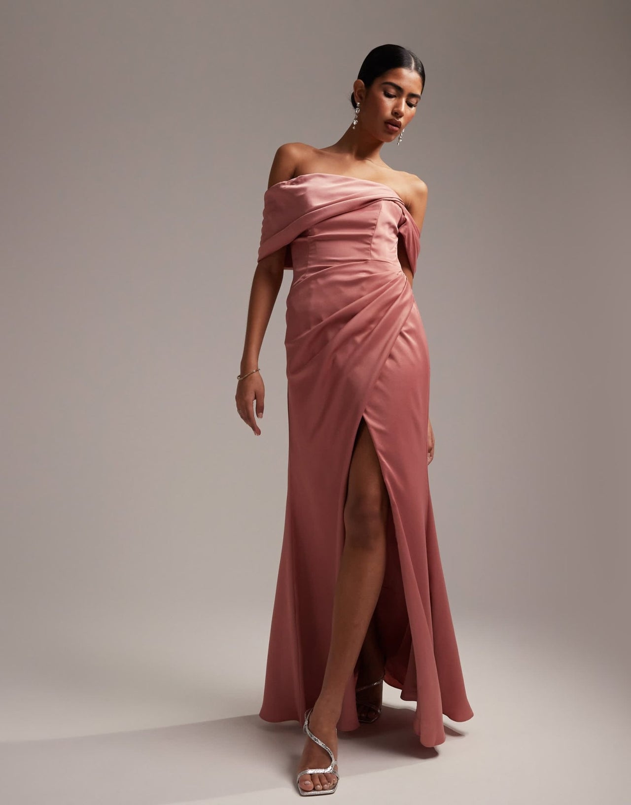 ASOS DESIGN Bridesmaid satin bardot drape wrap maxi dress in dusky rose - ASOS Sample Sale EU Store