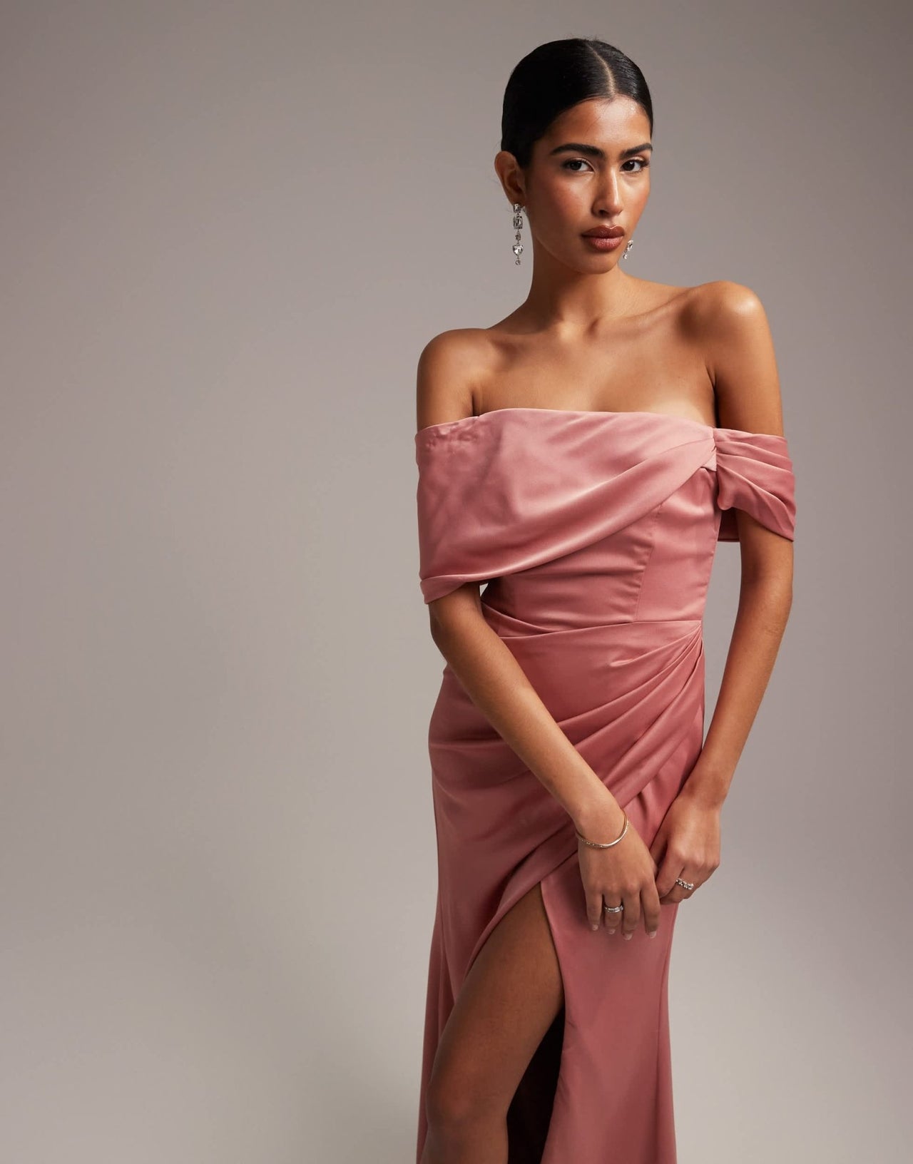 ASOS DESIGN Bridesmaid satin bardot drape wrap maxi dress in dusky rose - ASOS Sample Sale EU Store