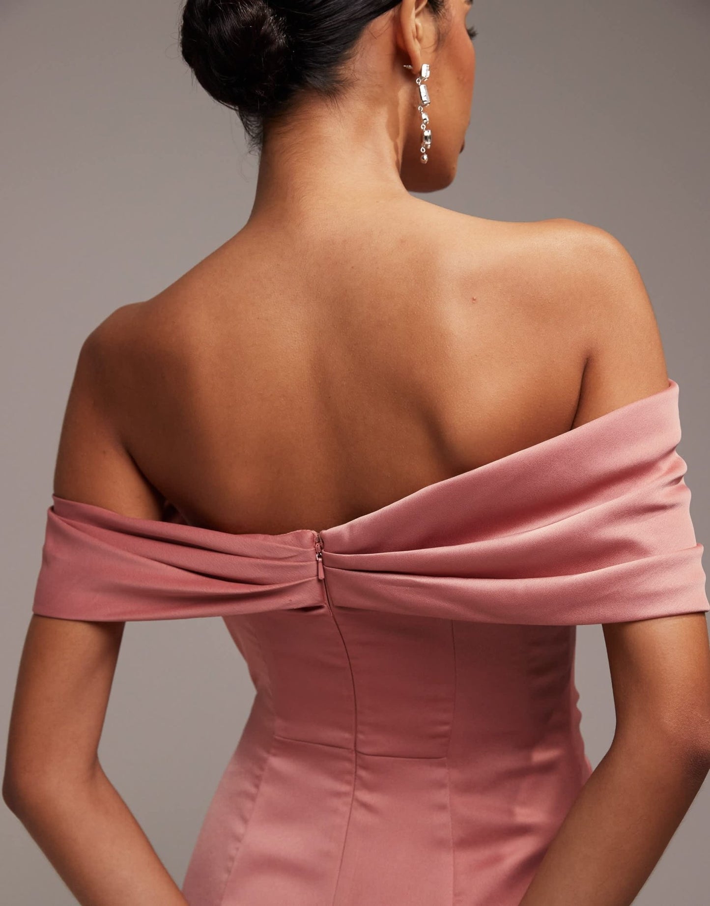 ASOS DESIGN Bridesmaid satin bardot drape wrap maxi dress in dusky rose - ASOS Sample Sale EU Store