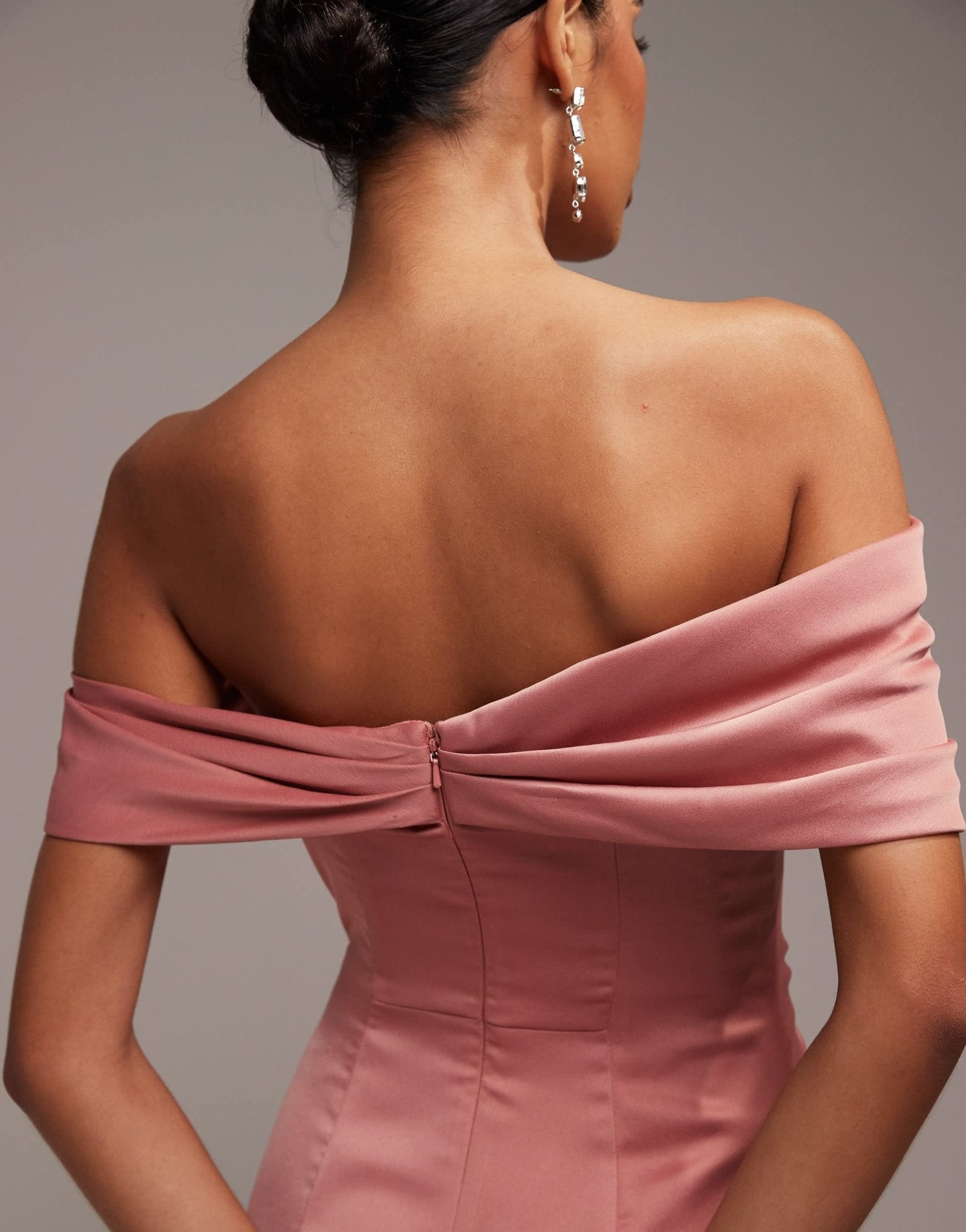 ASOS DESIGN Bridesmaid satin bardot drape wrap maxi dress in dusky rose - ASOS Sample Sale EU Store