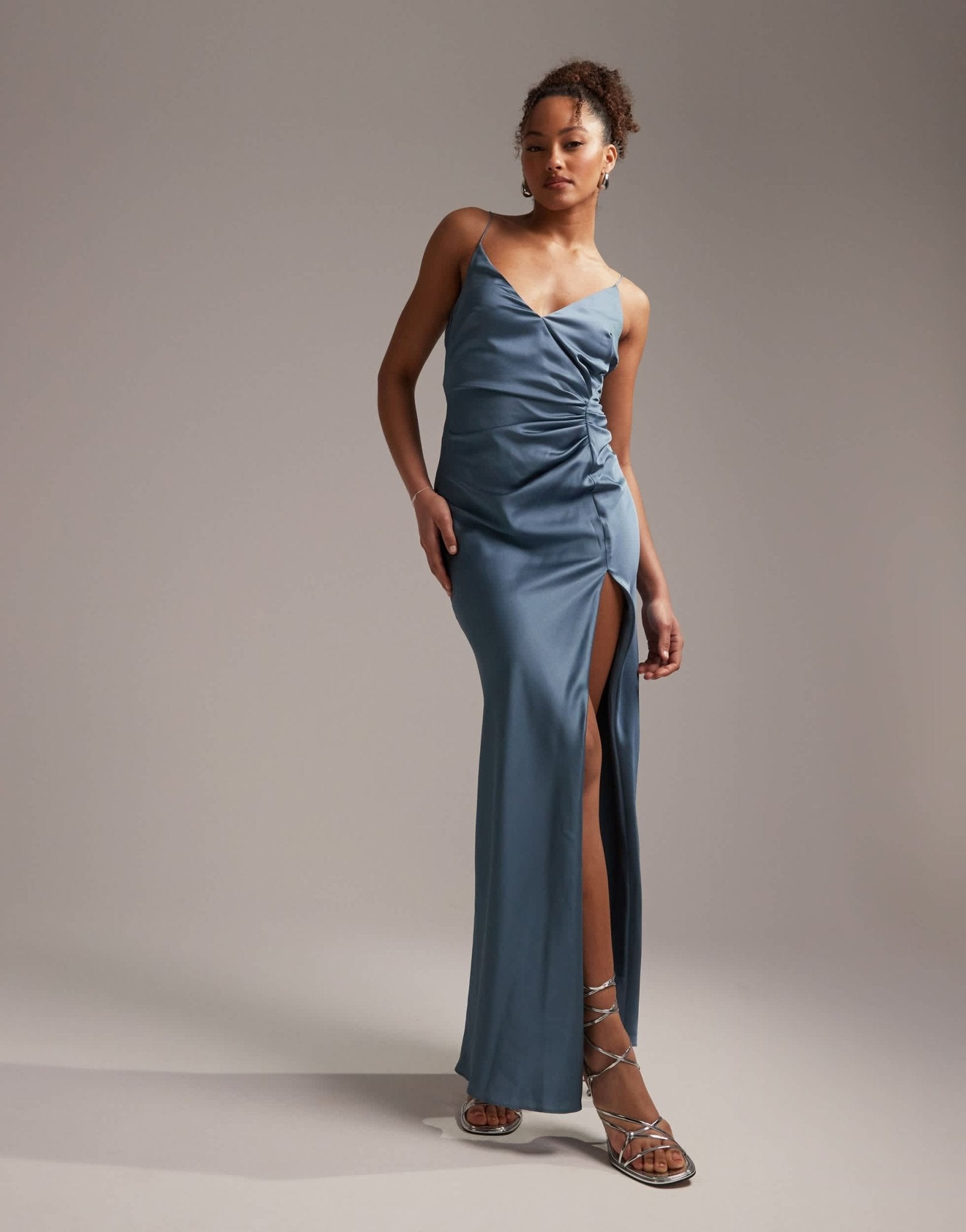 ASOS DESIGN Bridesmaid satin cami maxi dress with drape detail in dusky blue - ASOS Sample Sale EU Store
