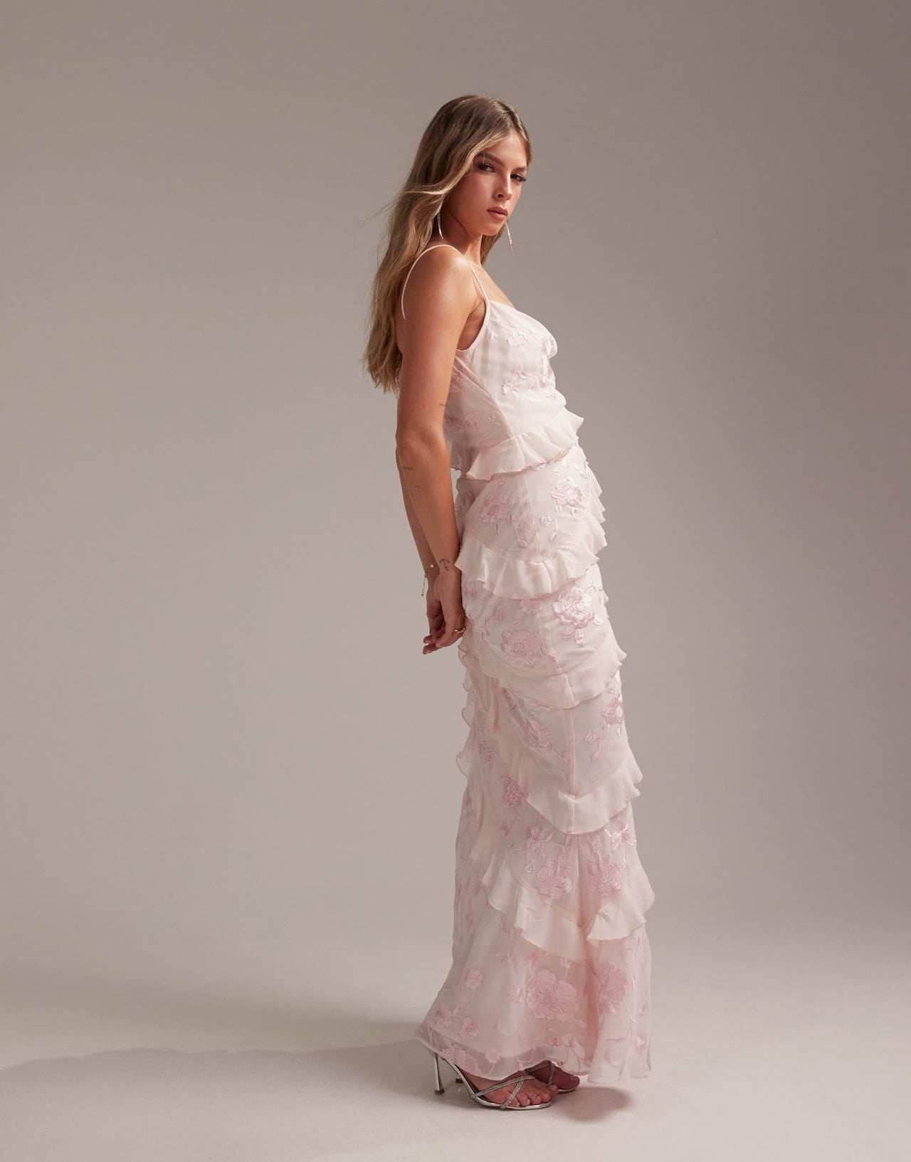 ASOS DESIGN Bridesmaids embroidered ruffle cami bias maxi dress in soft pink - ASOS Sample Sale EU Store