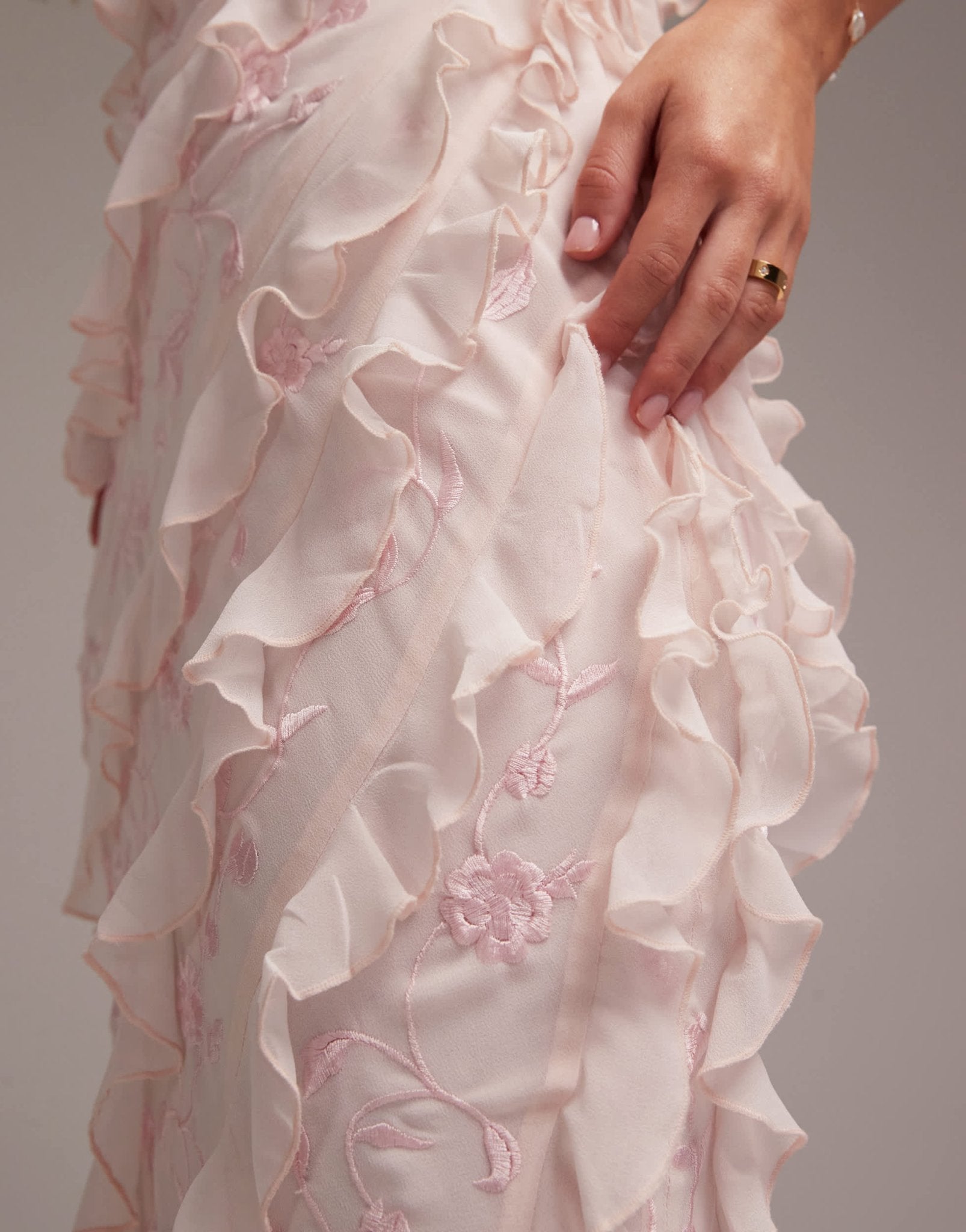 ASOS DESIGN Bridesmaids embroidered ruffle cami bias maxi dress in soft pink - ASOS Sample Sale EU Store