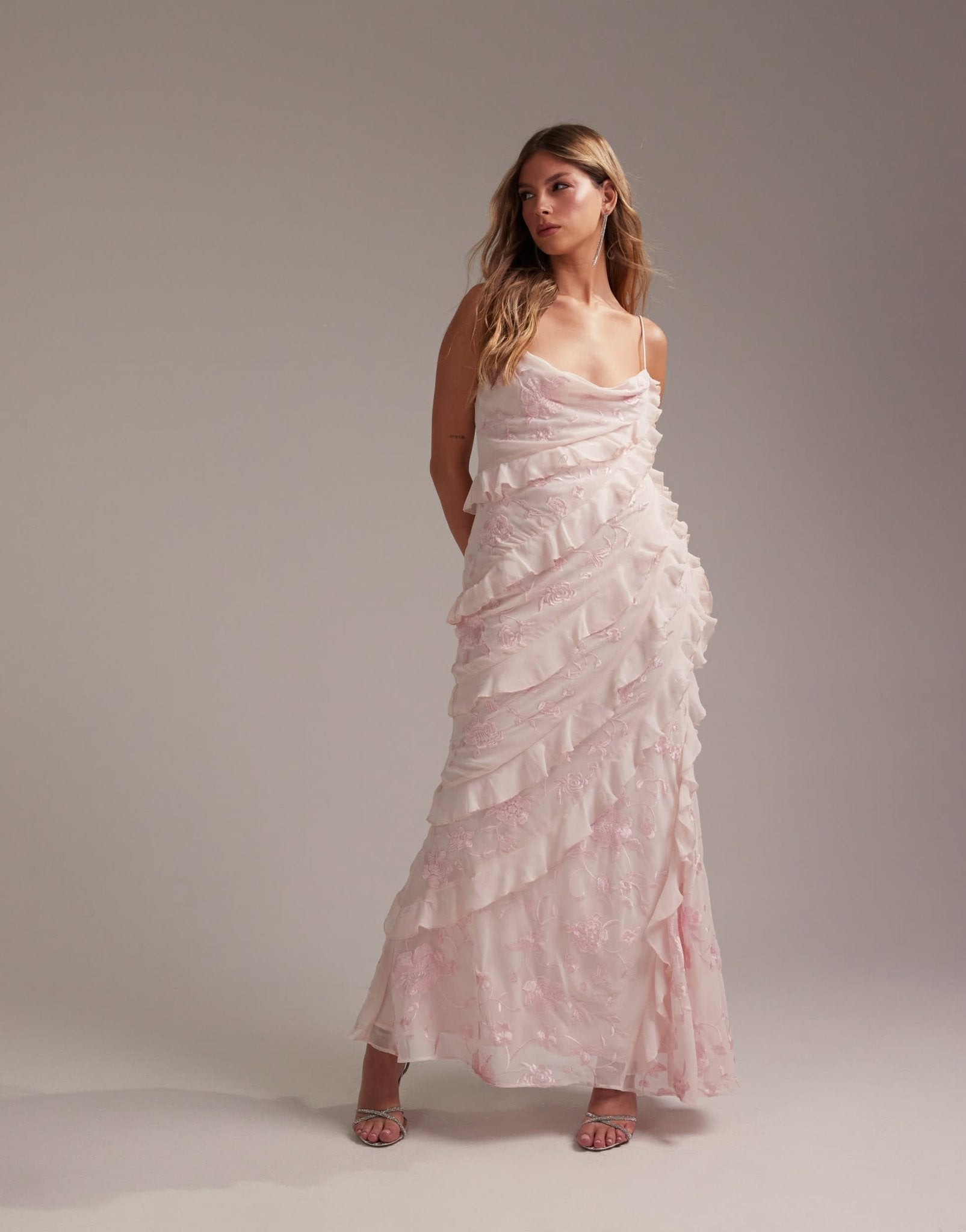 ASOS DESIGN Bridesmaids embroidered ruffle cami bias maxi dress in soft pink - ASOS Sample Sale EU Store