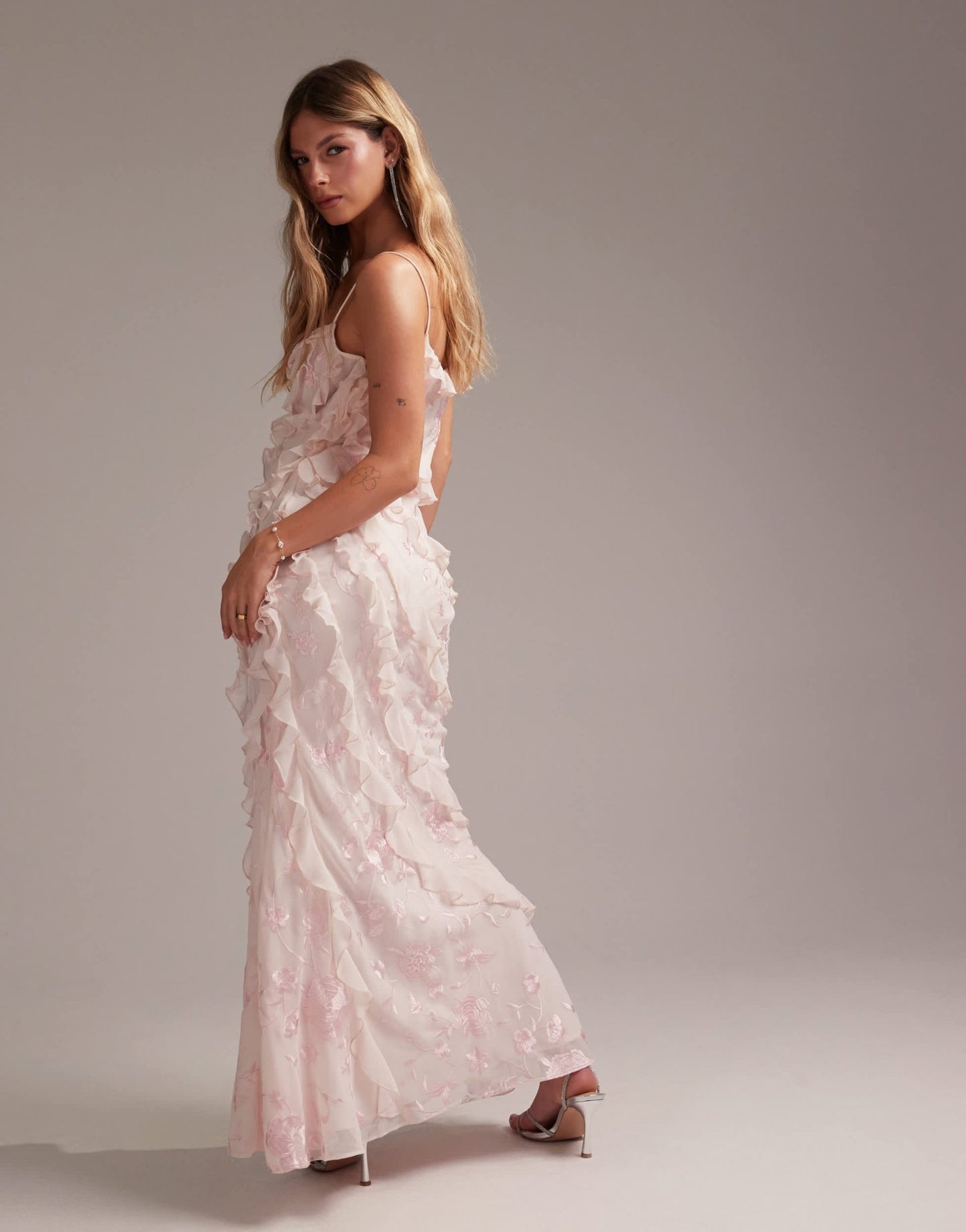 ASOS DESIGN Bridesmaids embroidered ruffle cami bias maxi dress in soft pink - ASOS Sample Sale EU Store
