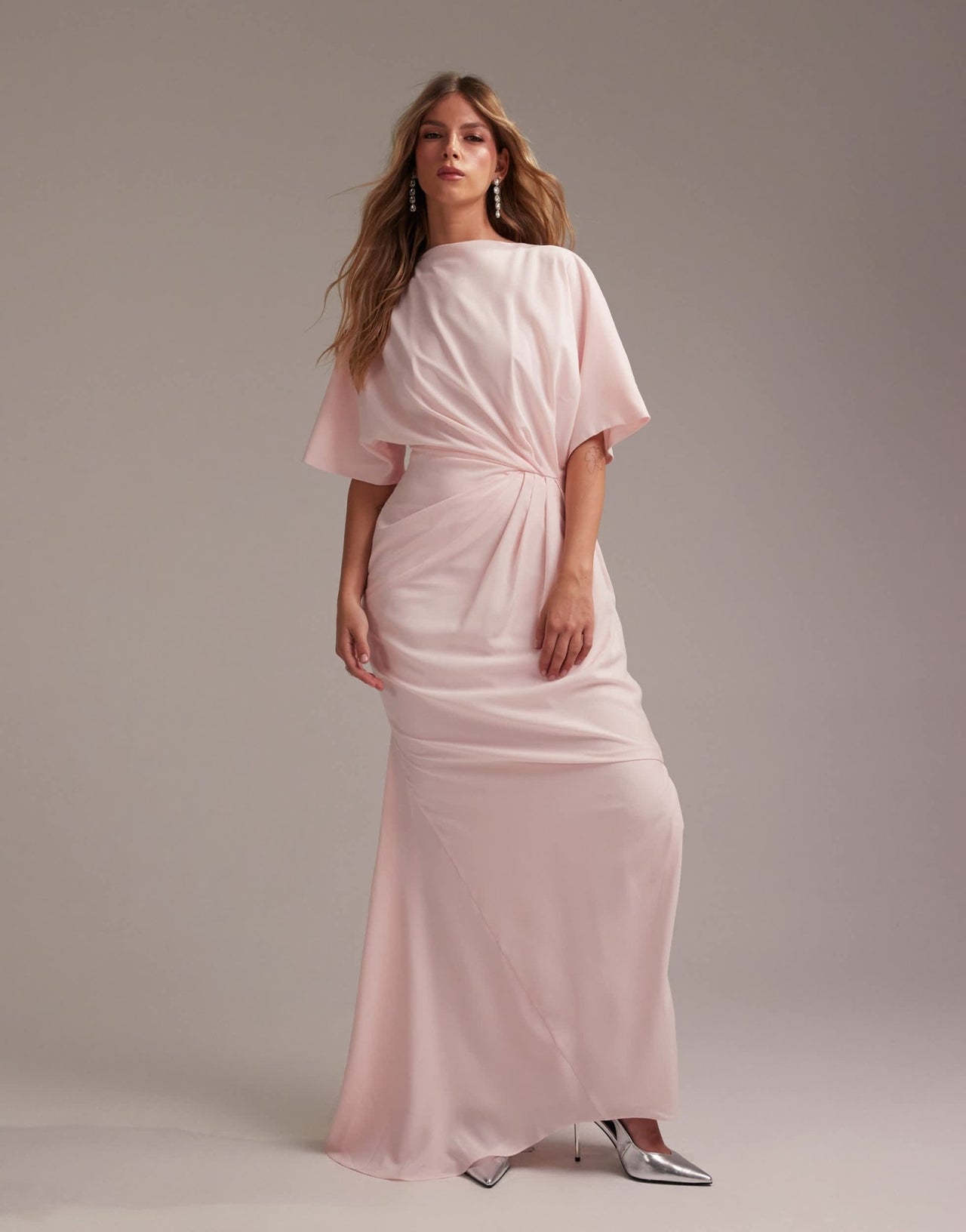 ASOS DESIGN Bridesmaids slash neck crepe t-shirt sleeve minimal drape maxi dress in soft pink - ASOS Sample Sale EU Store