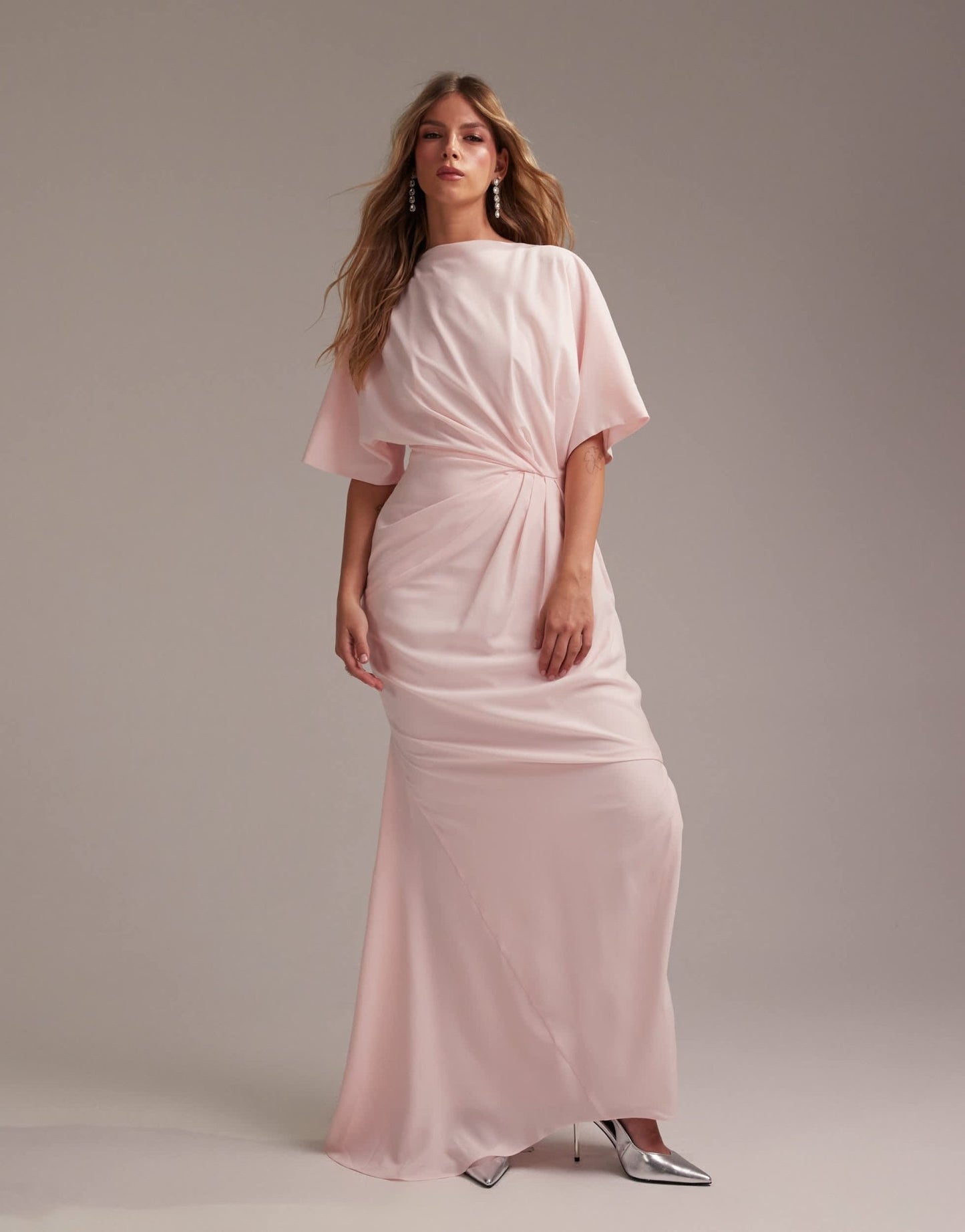 ASOS DESIGN Bridesmaids slash neck crepe t-shirt sleeve minimal drape maxi dress in soft pink - ASOS Sample Sale EU Store
