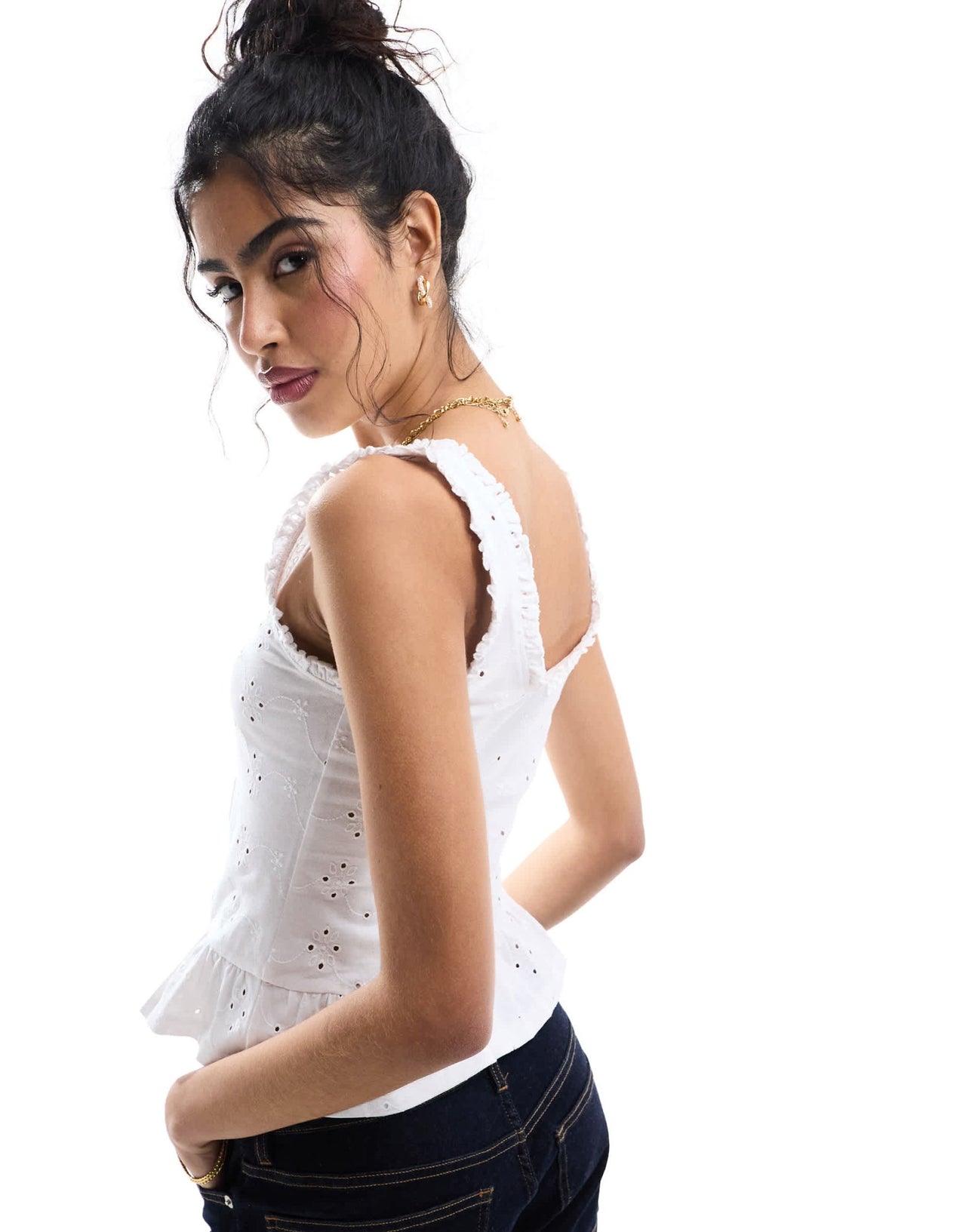 ASOS DESIGN broderie frill hem button down vest in white - ASOS Sample Sale EU Store