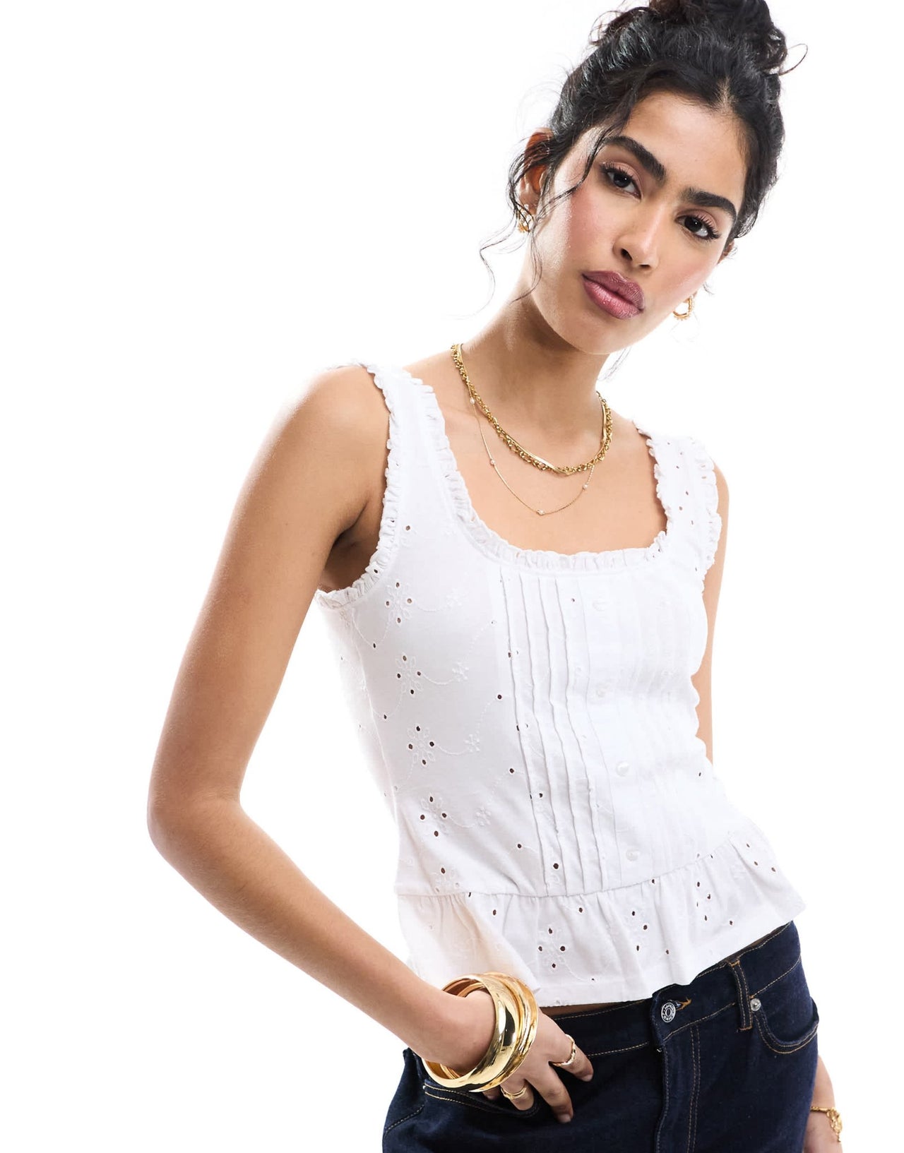 ASOS DESIGN broderie frill hem button down vest in white - ASOS Sample Sale EU Store