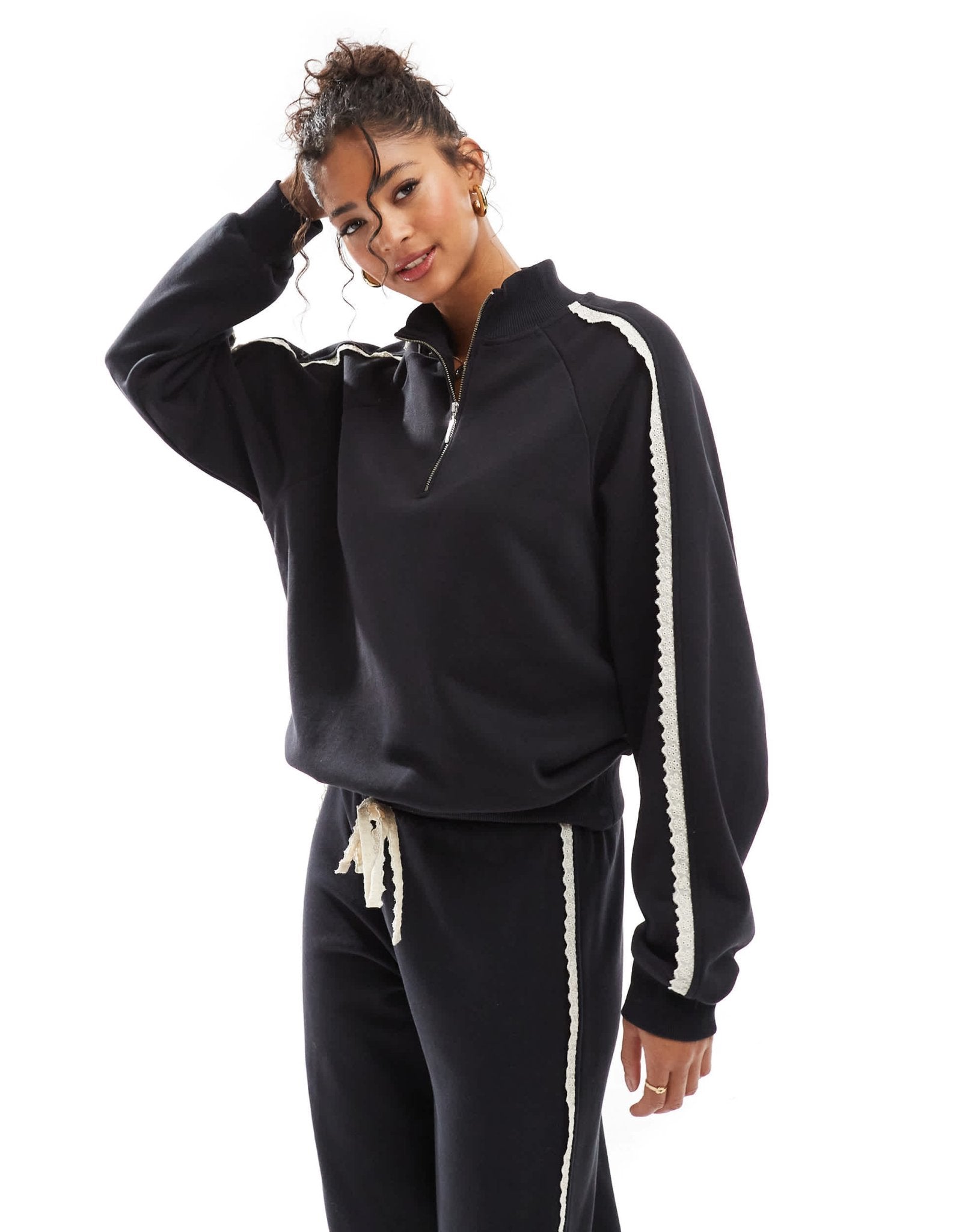 ASOS DESIGN broderie trim side stripe zip up top in black - ASOS Sample Sale EU Store