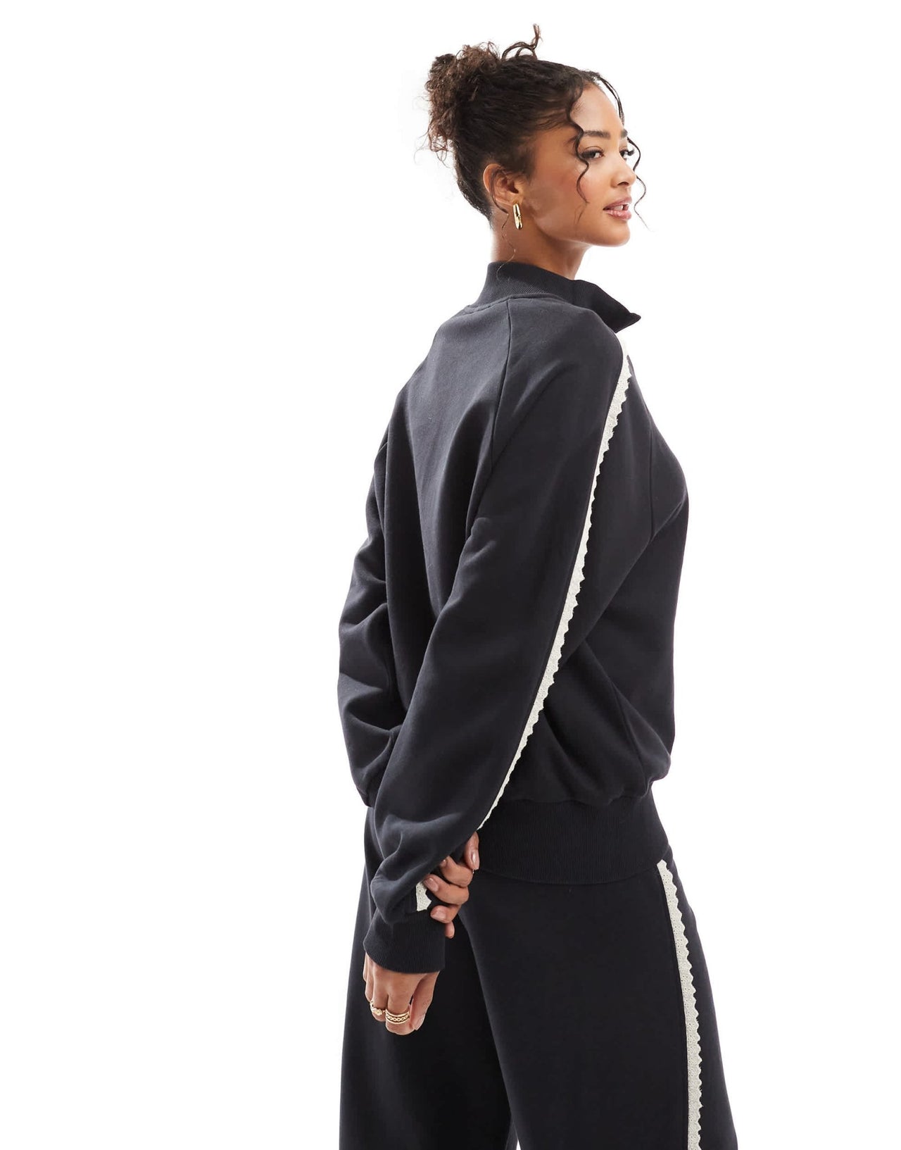 ASOS DESIGN broderie trim side stripe zip up top in black - ASOS Sample Sale EU Store