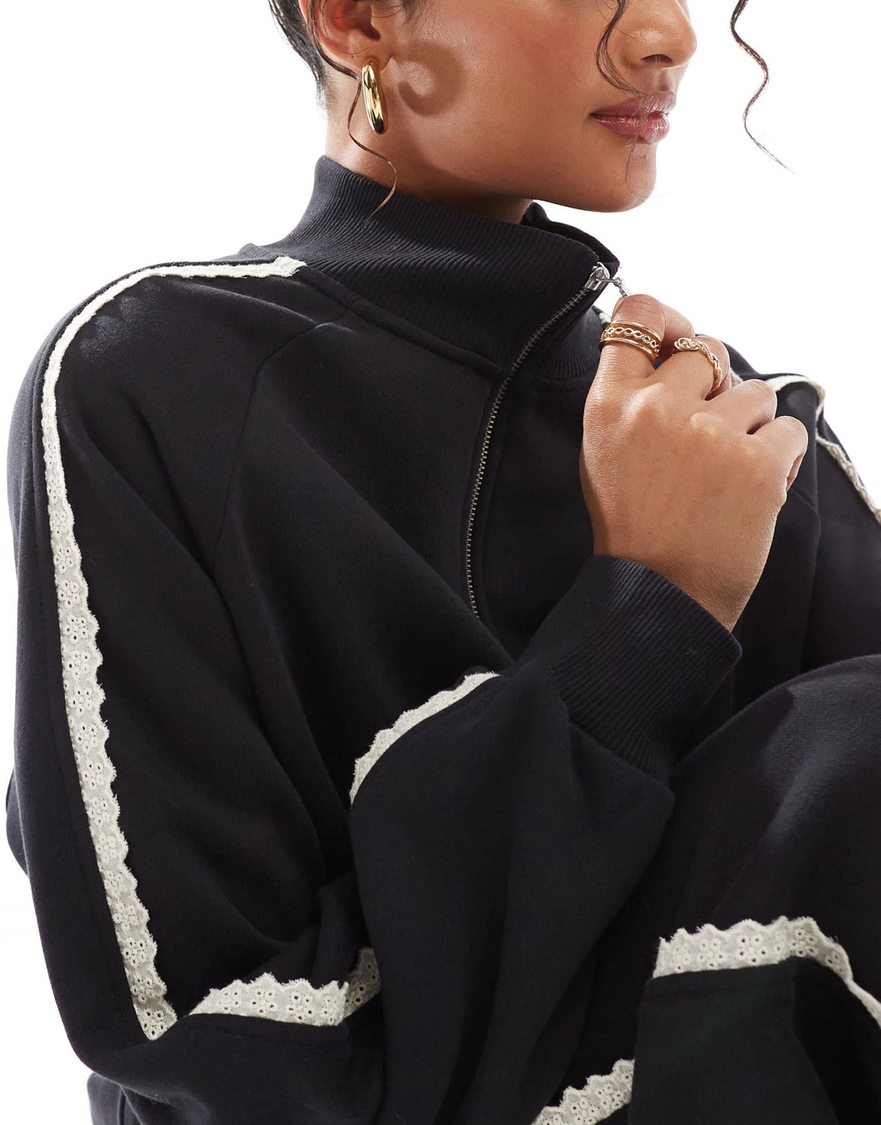 ASOS DESIGN broderie trim side stripe zip up top in black - ASOS Sample Sale EU Store