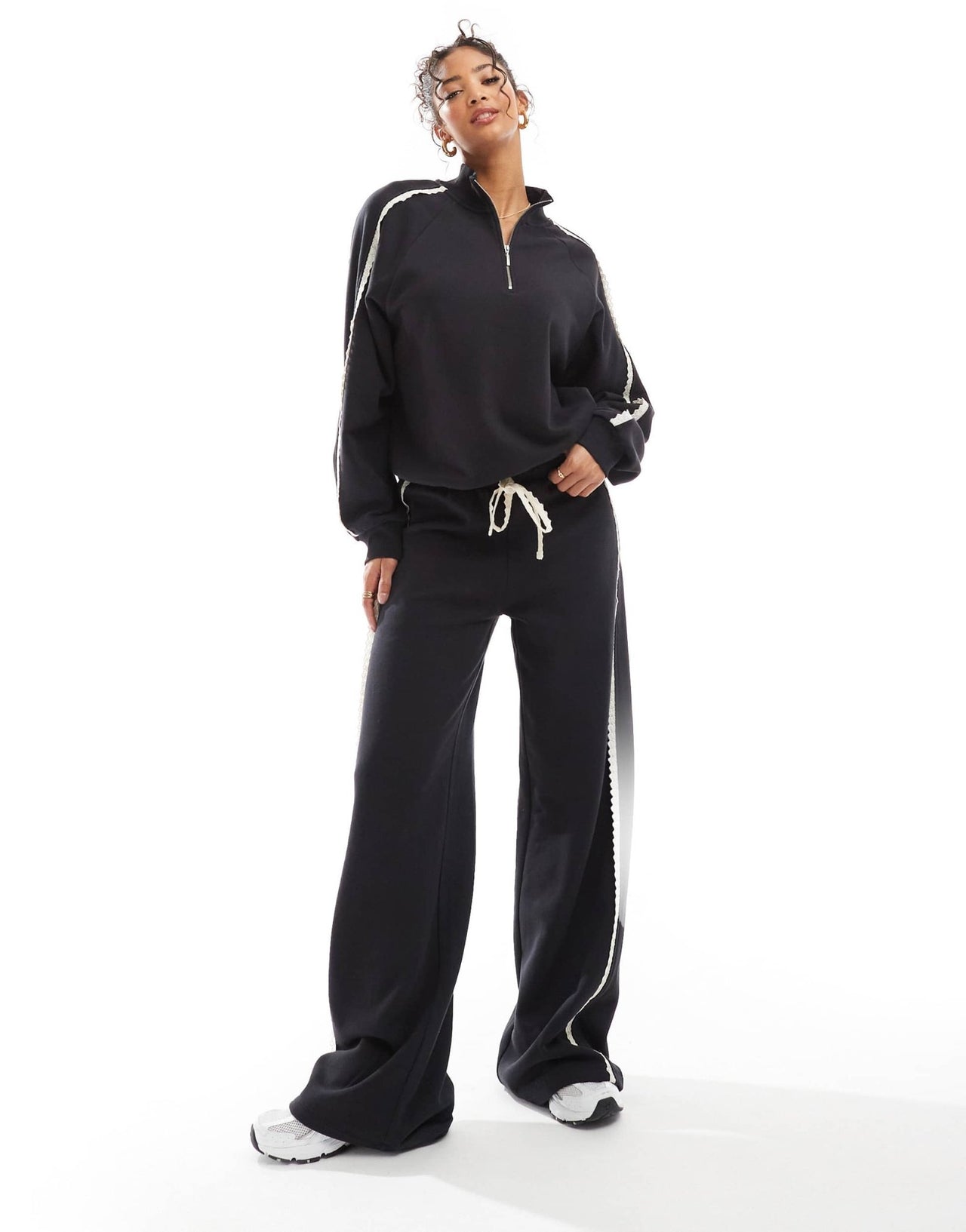 ASOS DESIGN broderie trim side stripe zip up top in black - ASOS Sample Sale EU Store