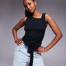 ASOS DESIGN brushed asymmetric neck short sleeve top with tie waist detail in black