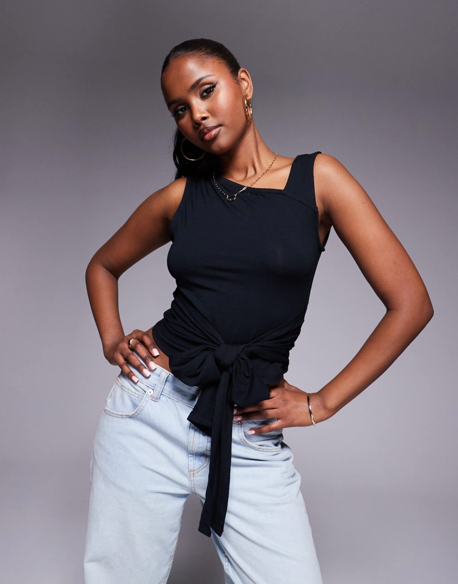 ASOS DESIGN brushed asymmetric neck short sleeve top with tie waist detail in black - ASOS Sample Sale EU Store
