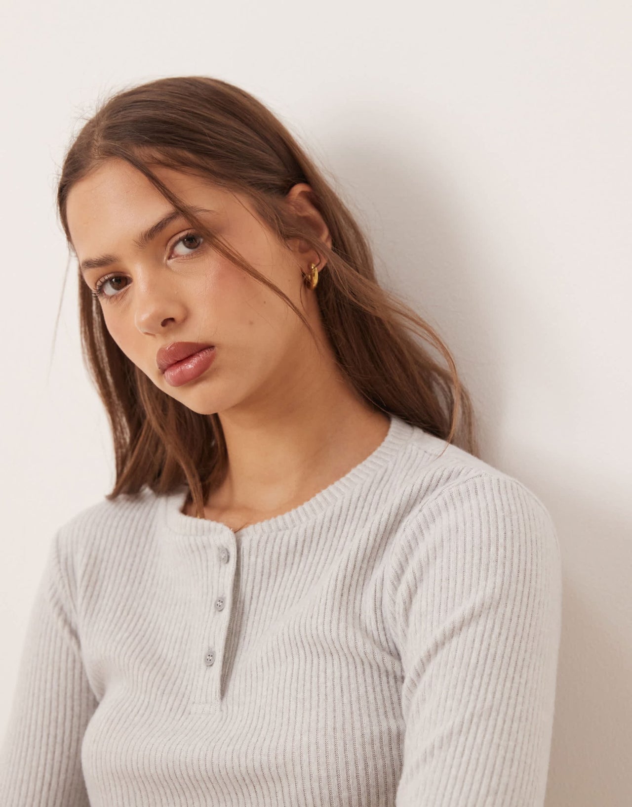 ASOS DESIGN brushed rib henley long sleeve top in grey - ASOS Sample Sale EU Store