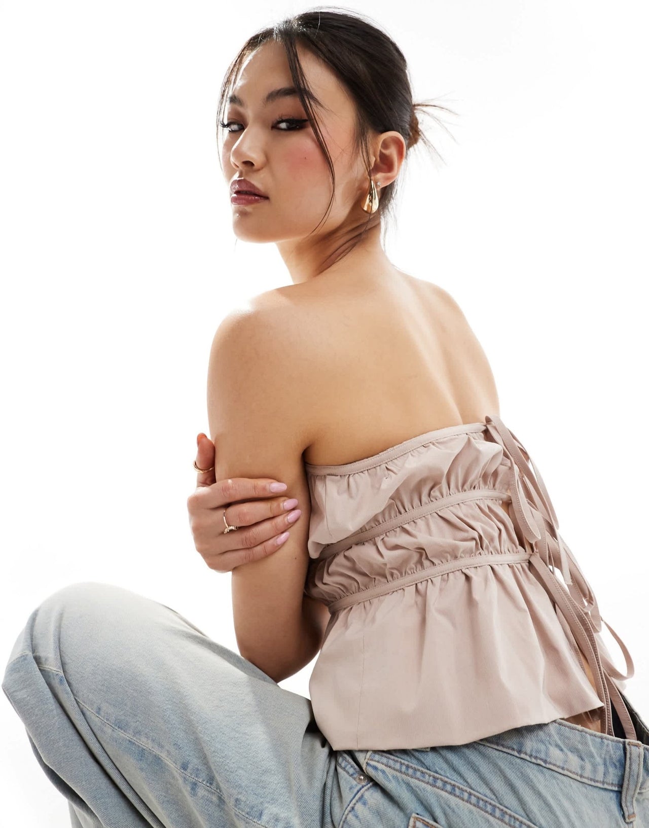 ASOS DESIGN bubble hem shirred bandeau top with tie back in stone - ASOS Sample Sale EU Store