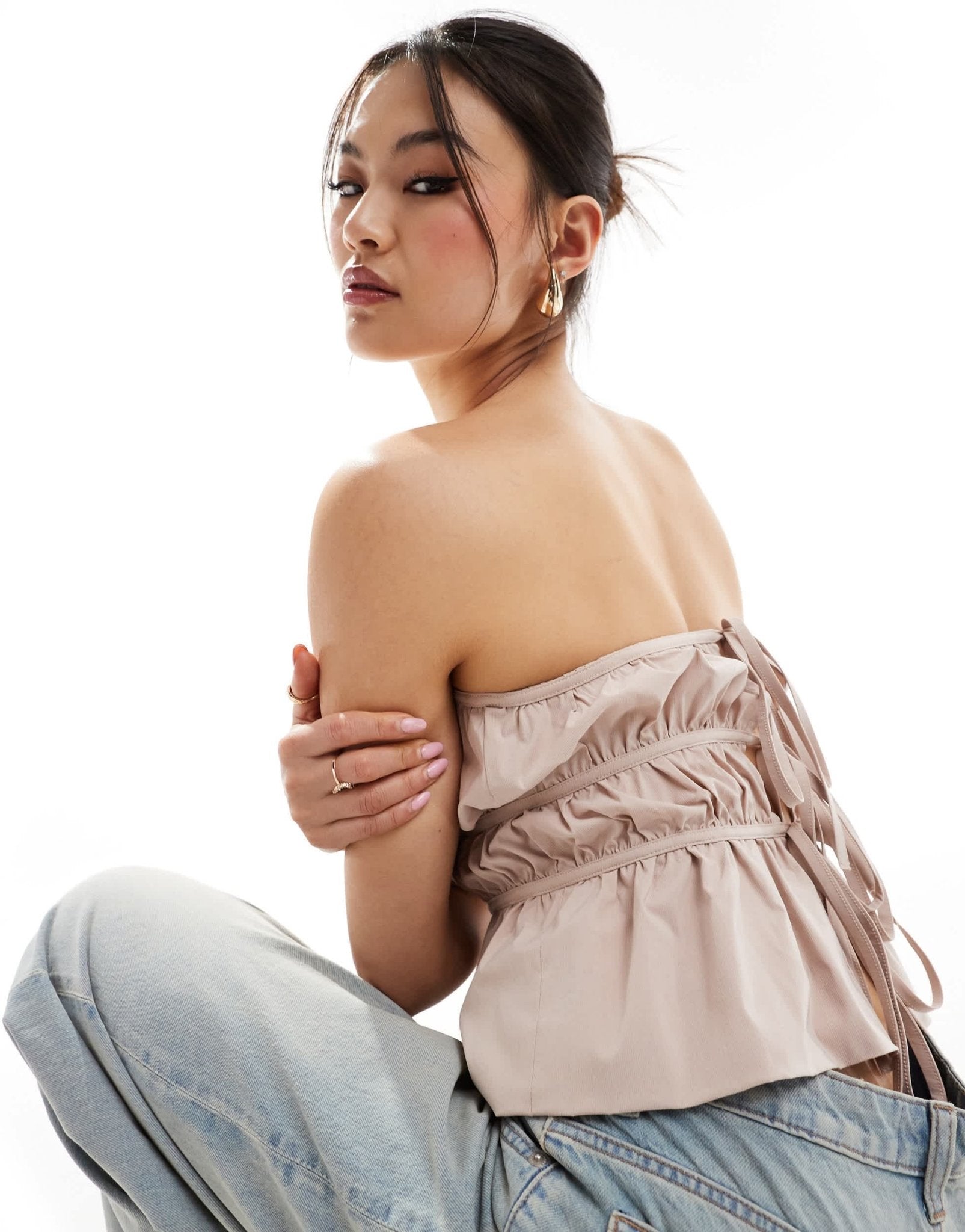 ASOS DESIGN bubble hem shirred bandeau top with tie back in stone - ASOS Sample Sale EU Store