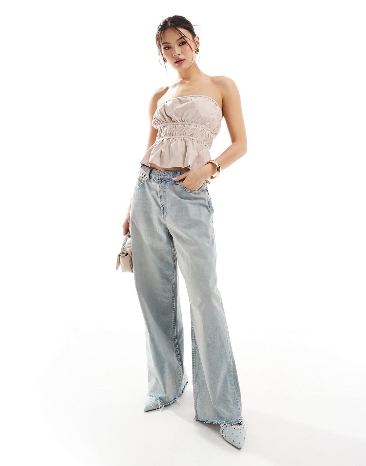 ASOS DESIGN bubble hem shirred bandeau top with tie back in stone - ASOS Sample Sale EU Store