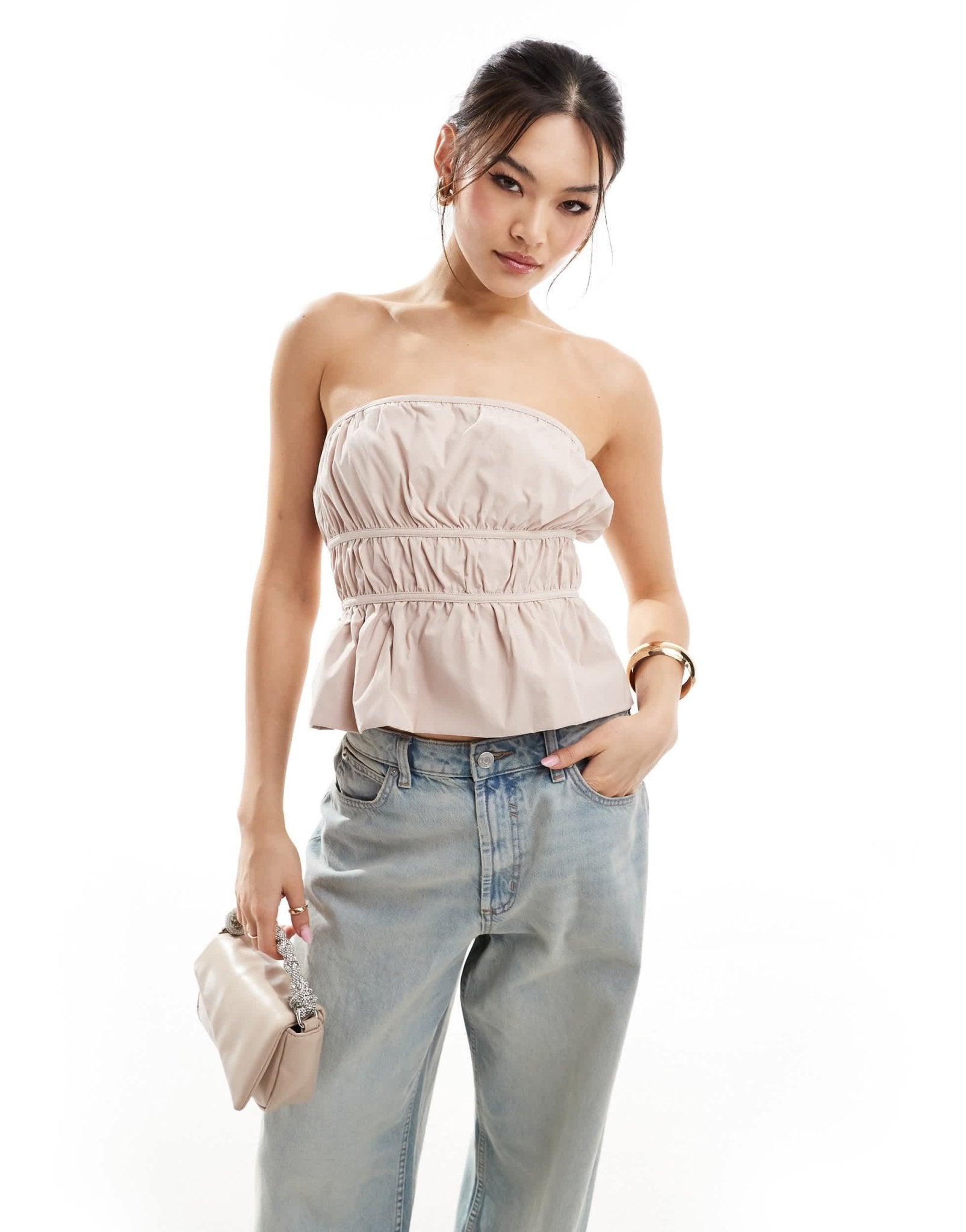 ASOS DESIGN bubble hem shirred bandeau top with tie back in stone - ASOS Sample Sale EU Store
