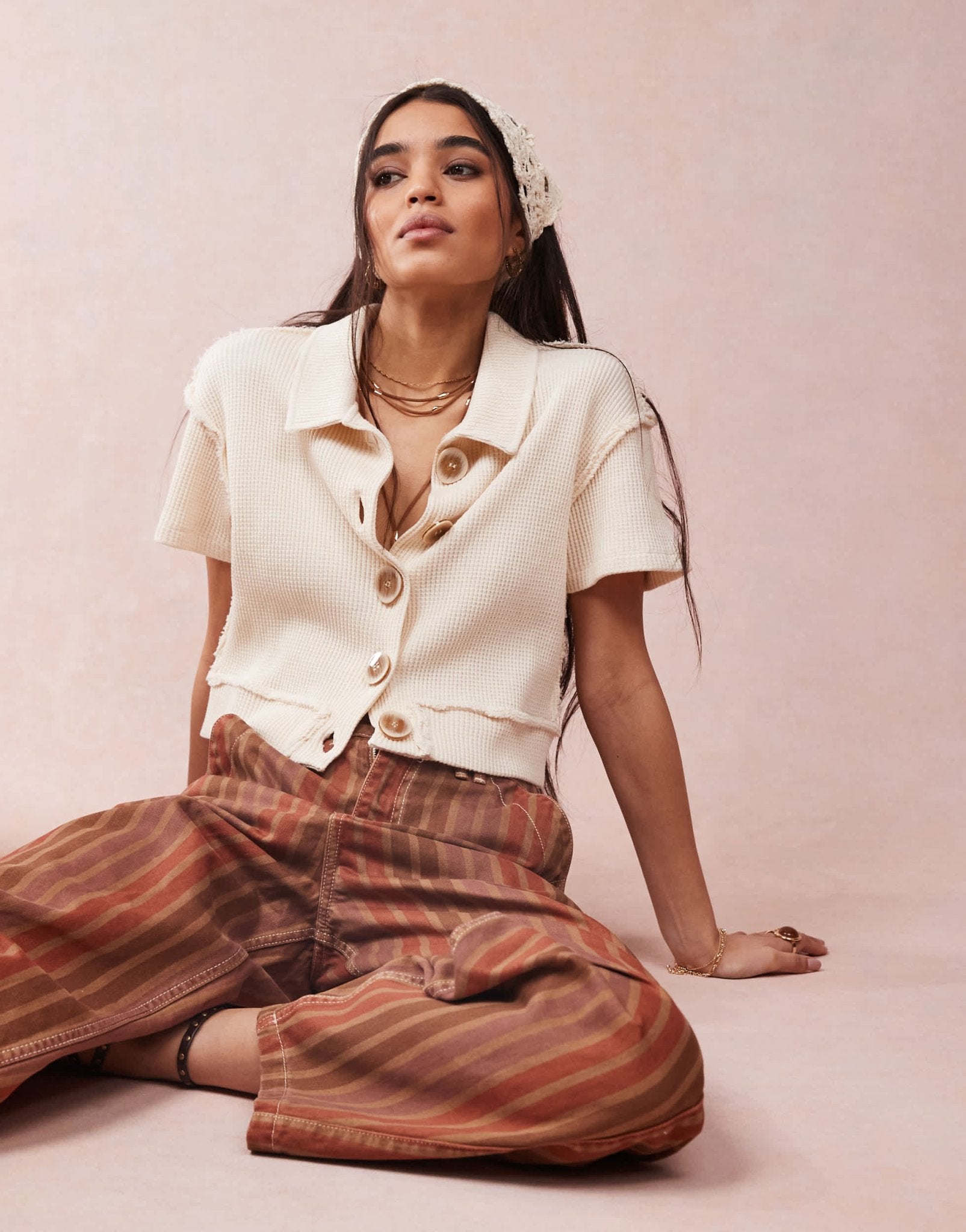 ASOS DESIGN button down cropped waffle shirt in cream - ASOS Sample Sale EU Store