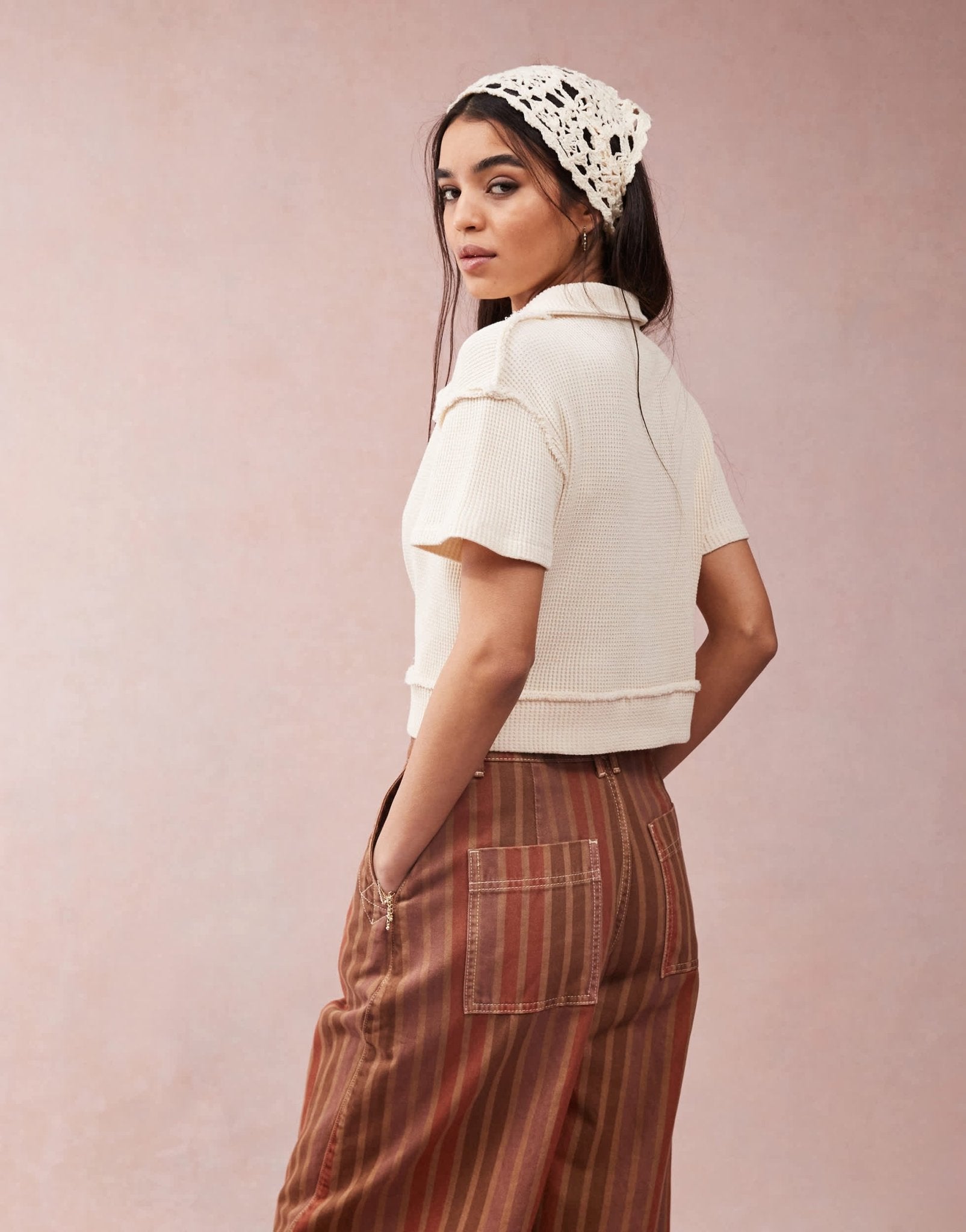 ASOS DESIGN button down cropped waffle shirt in cream - ASOS Sample Sale EU Store