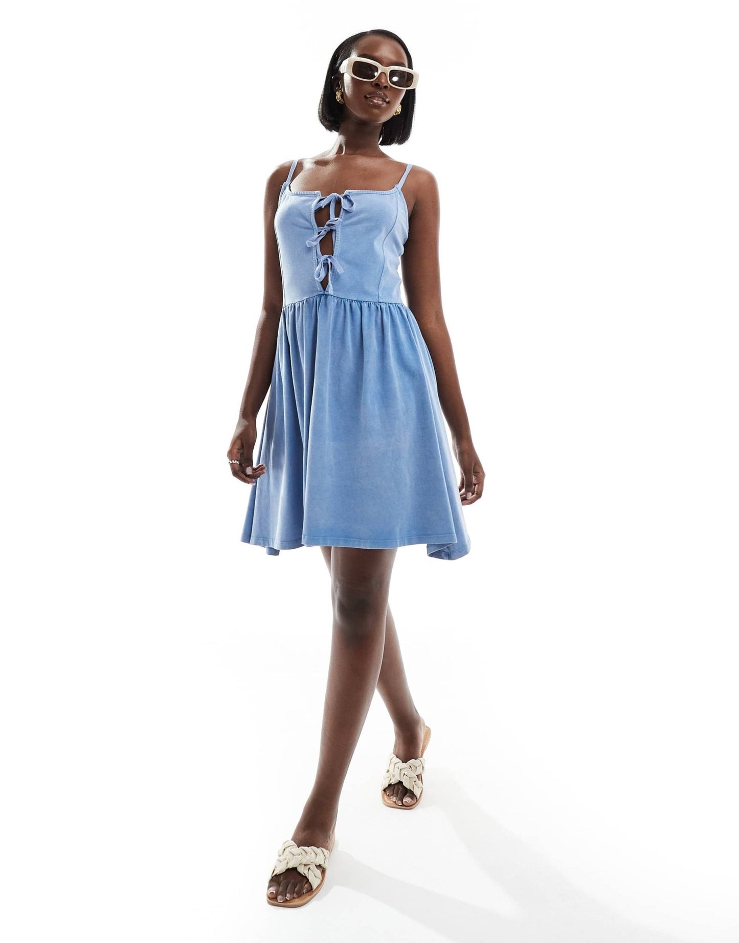 ASOS DESIGN cami with tie front bodice full skirt mini dress in blue - ASOS Sample Sale EU Store