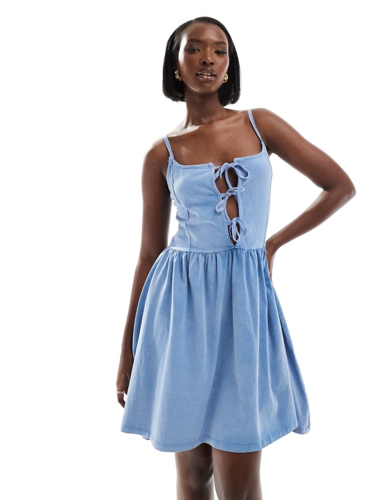 ASOS DESIGN cami with tie front bodice full skirt mini dress in blue - ASOS Sample Sale EU Store