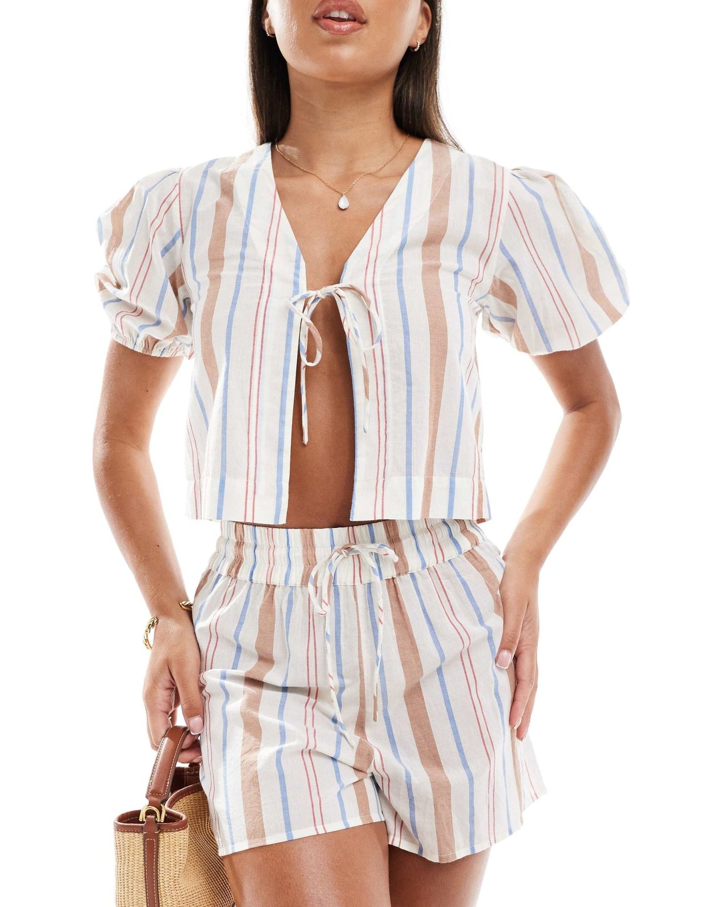 ASOS DESIGN Carrie cotton co - ord tie front beach top in multi stripe - ASOS Sample Sale EU Store
