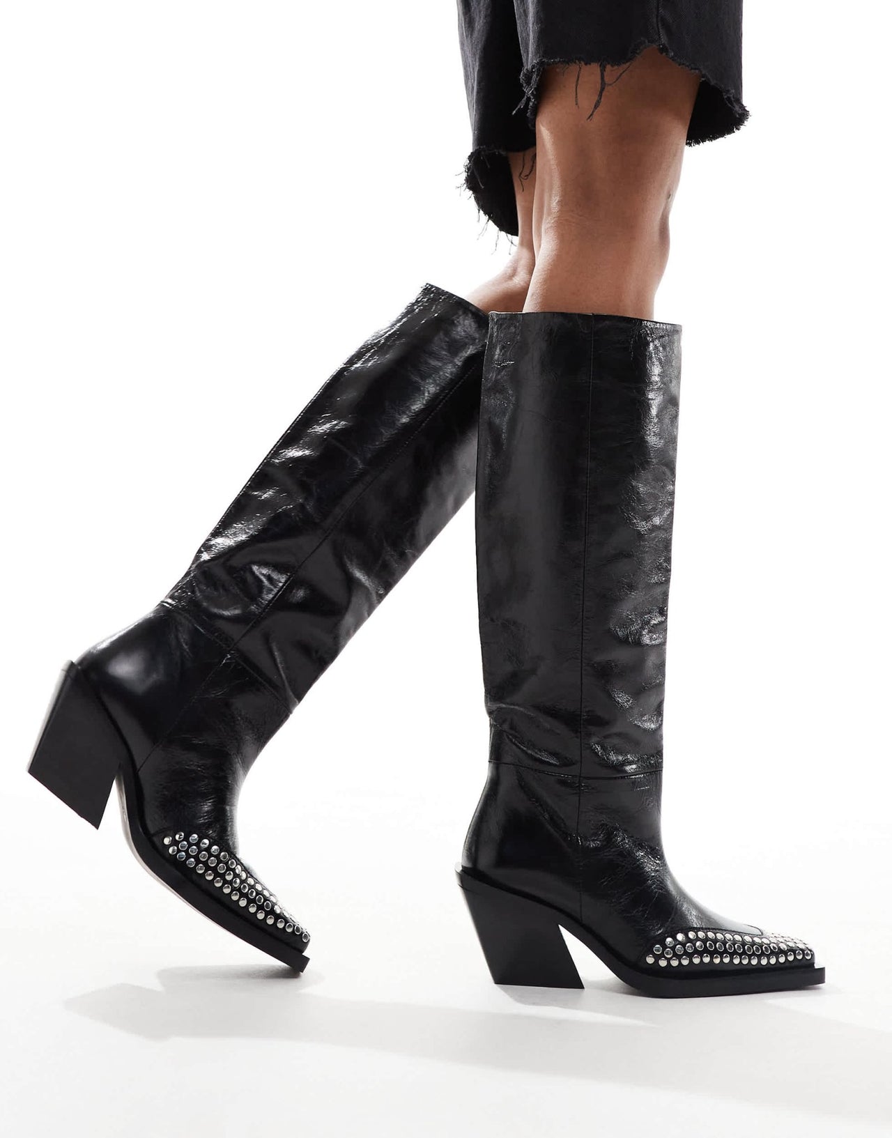 ASOS DESIGN Cassie premium leather western knee boots with stud detail in black - ASOS Sample Sale EU Store