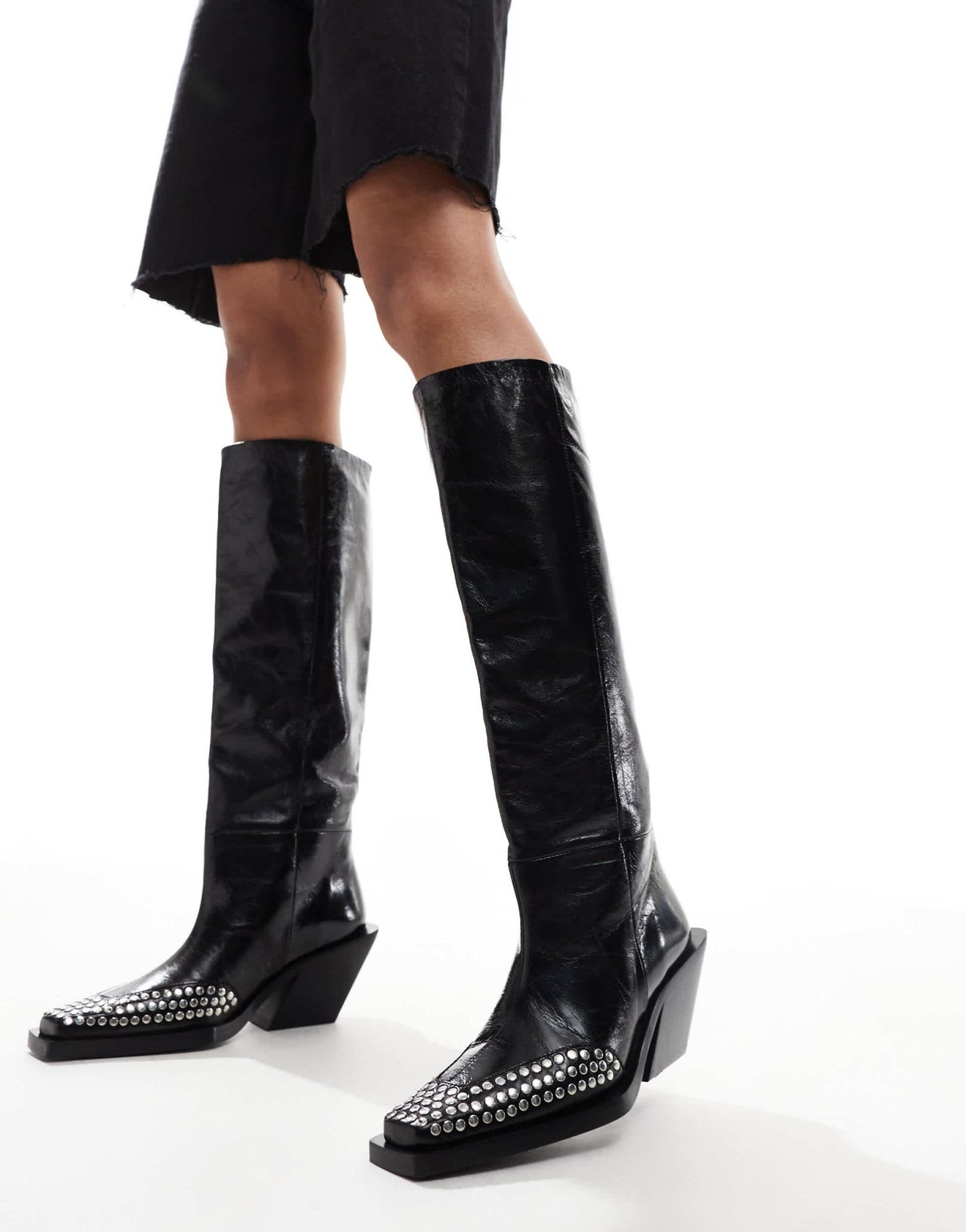 ASOS DESIGN Cassie premium leather western knee boots with stud detail in black - ASOS Sample Sale EU Store