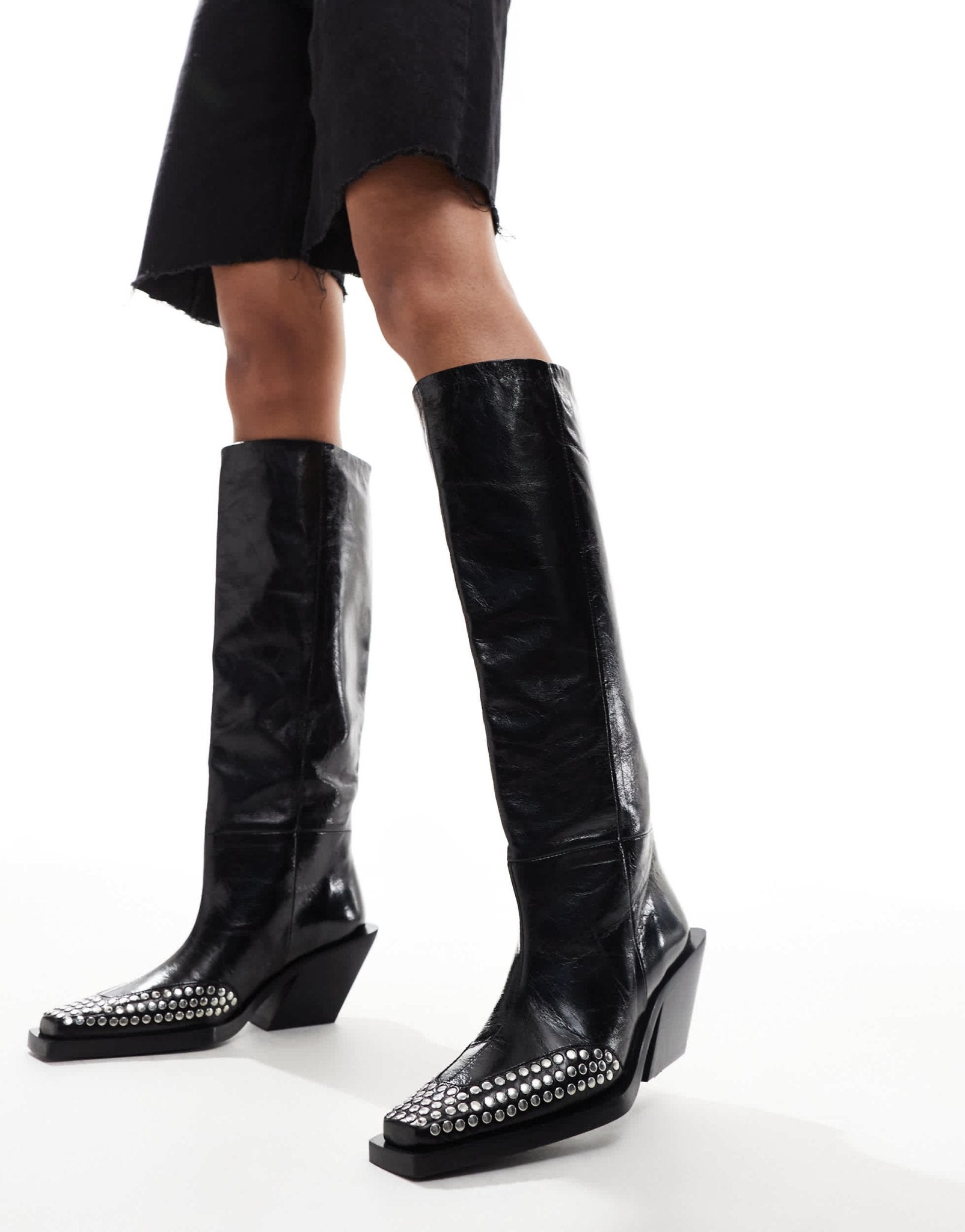 ASOS DESIGN Cassie premium leather western knee boots with stud detail in black - ASOS Sample Sale EU Store
