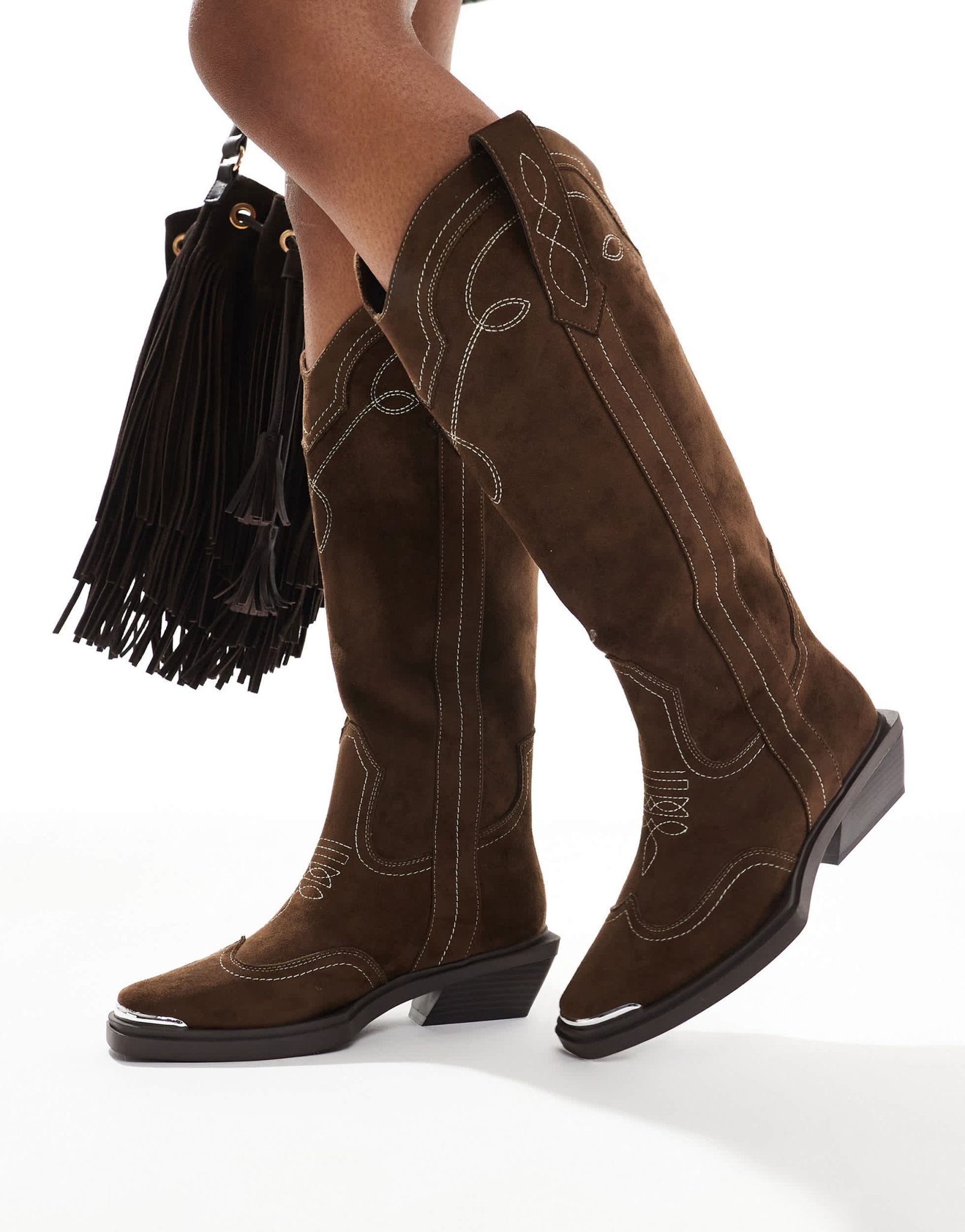 ASOS DESIGN Celeste flat western knee boots in choc faux suede - ASOS Sample Sale EU Store