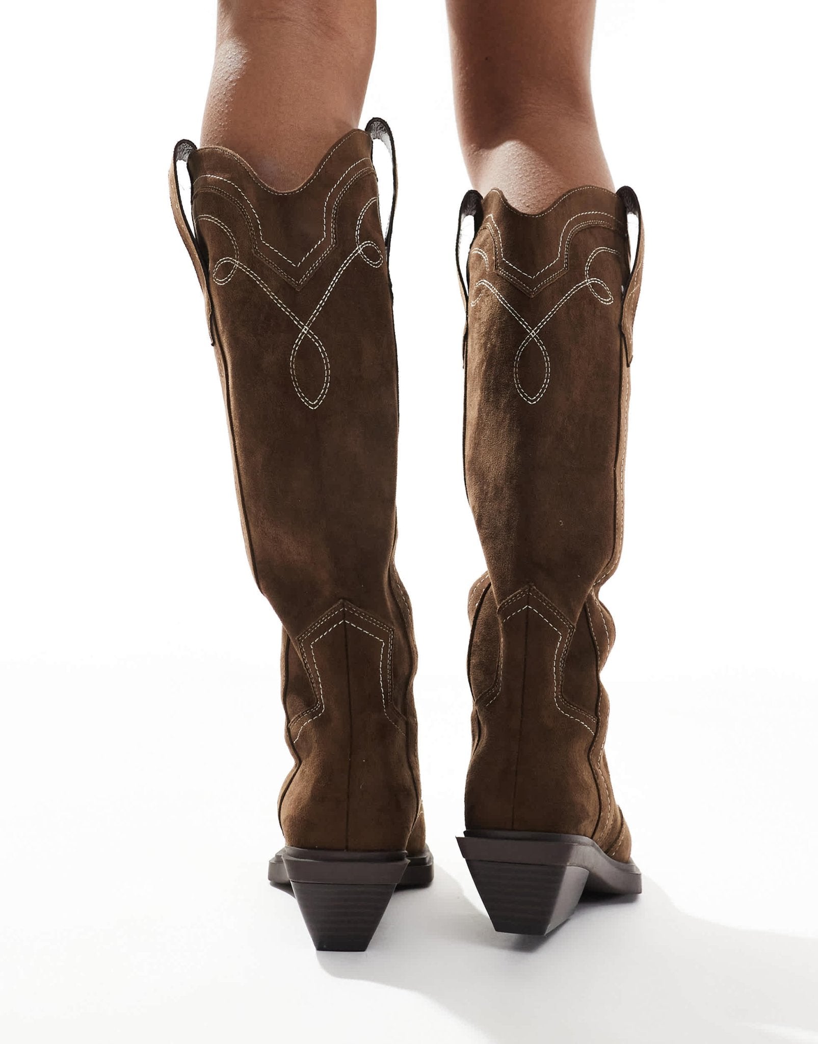 ASOS DESIGN Celeste flat western knee boots in choc faux suede - ASOS Sample Sale EU Store