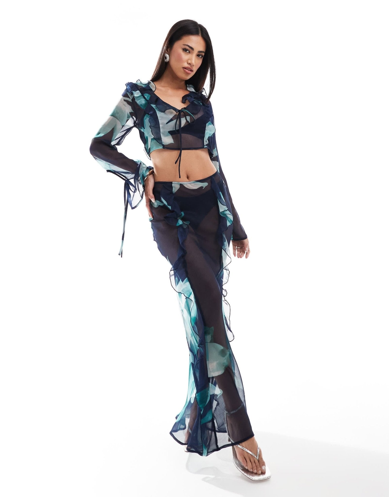 ASOS DESIGN chiffon maxi skirt co - ord in blue abstract floral print - ASOS Sample Sale EU Store