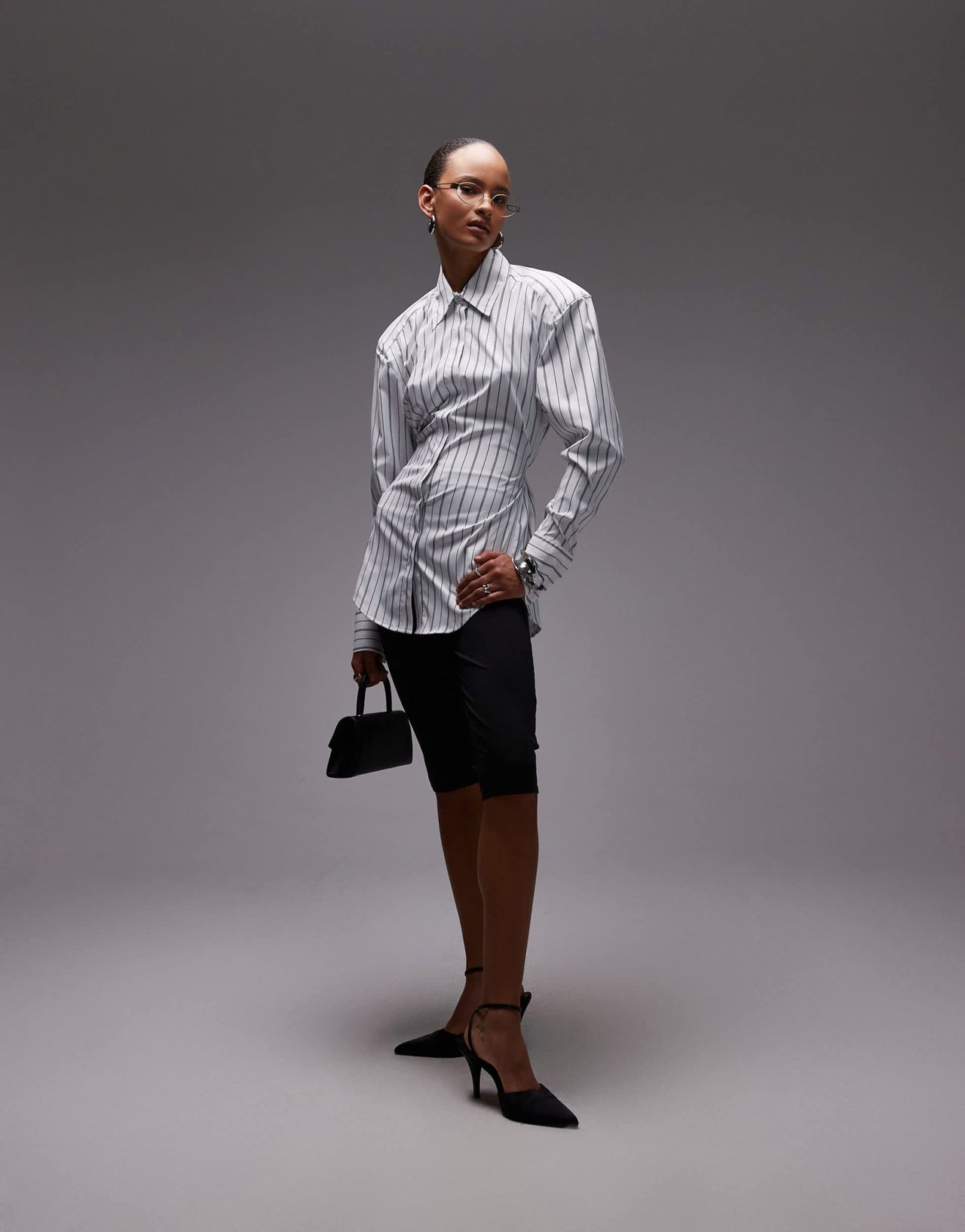 ASOS DESIGN cinch shoulder pad shirt with tie back in black pinstripe - ASOS Sample Sale EU Store