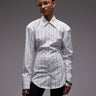 ASOS DESIGN cinch shoulder pad shirt with tie back in black pinstripe