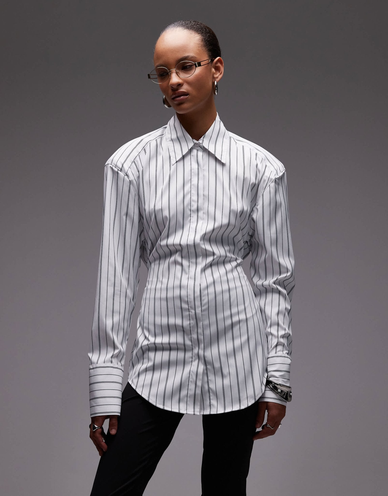 ASOS DESIGN cinch shoulder pad shirt with tie back in black pinstripe - ASOS Sample Sale EU Store