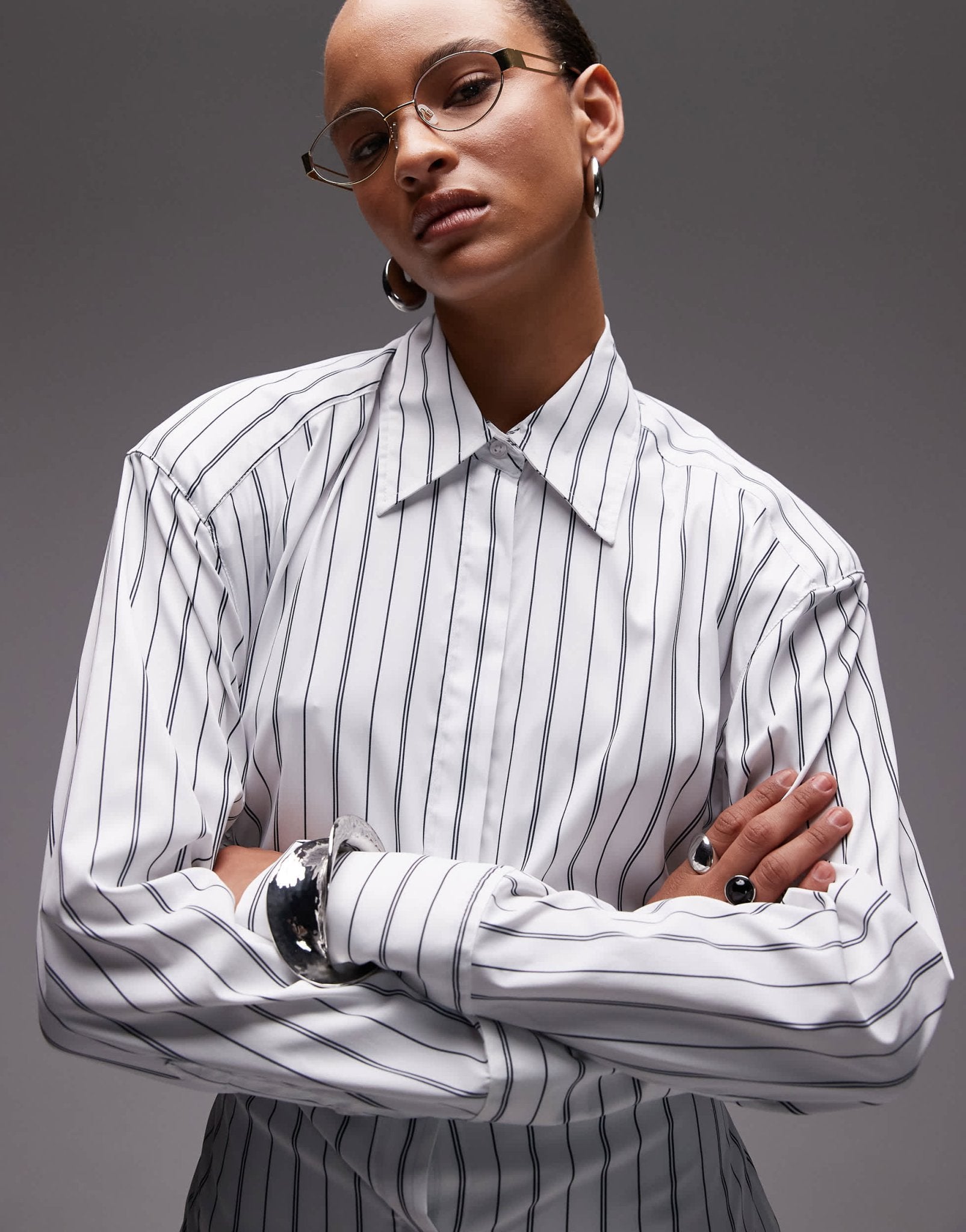 ASOS DESIGN cinch shoulder pad shirt with tie back in black pinstripe - ASOS Sample Sale EU Store