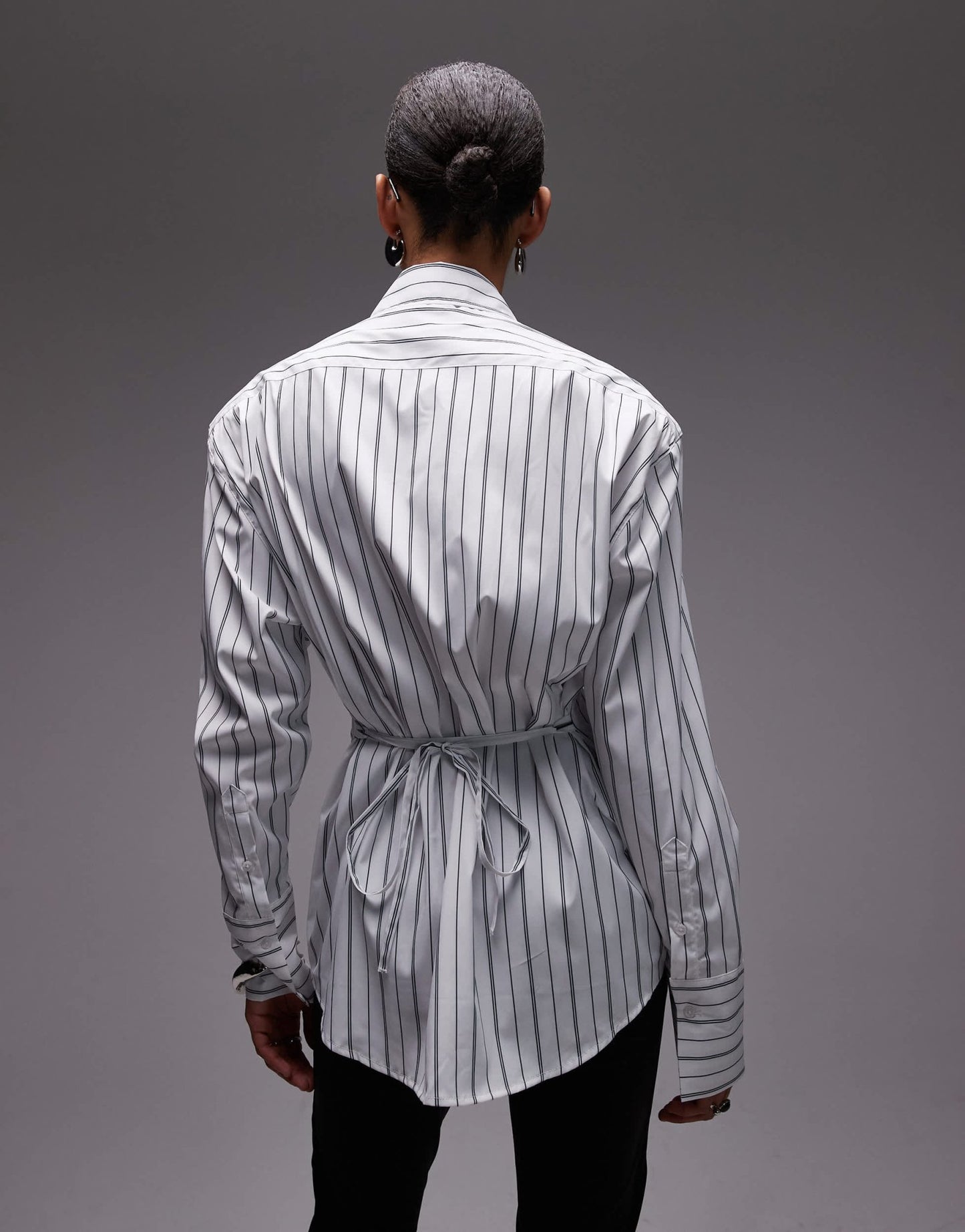 ASOS DESIGN cinch shoulder pad shirt with tie back in black pinstripe - ASOS Sample Sale EU Store