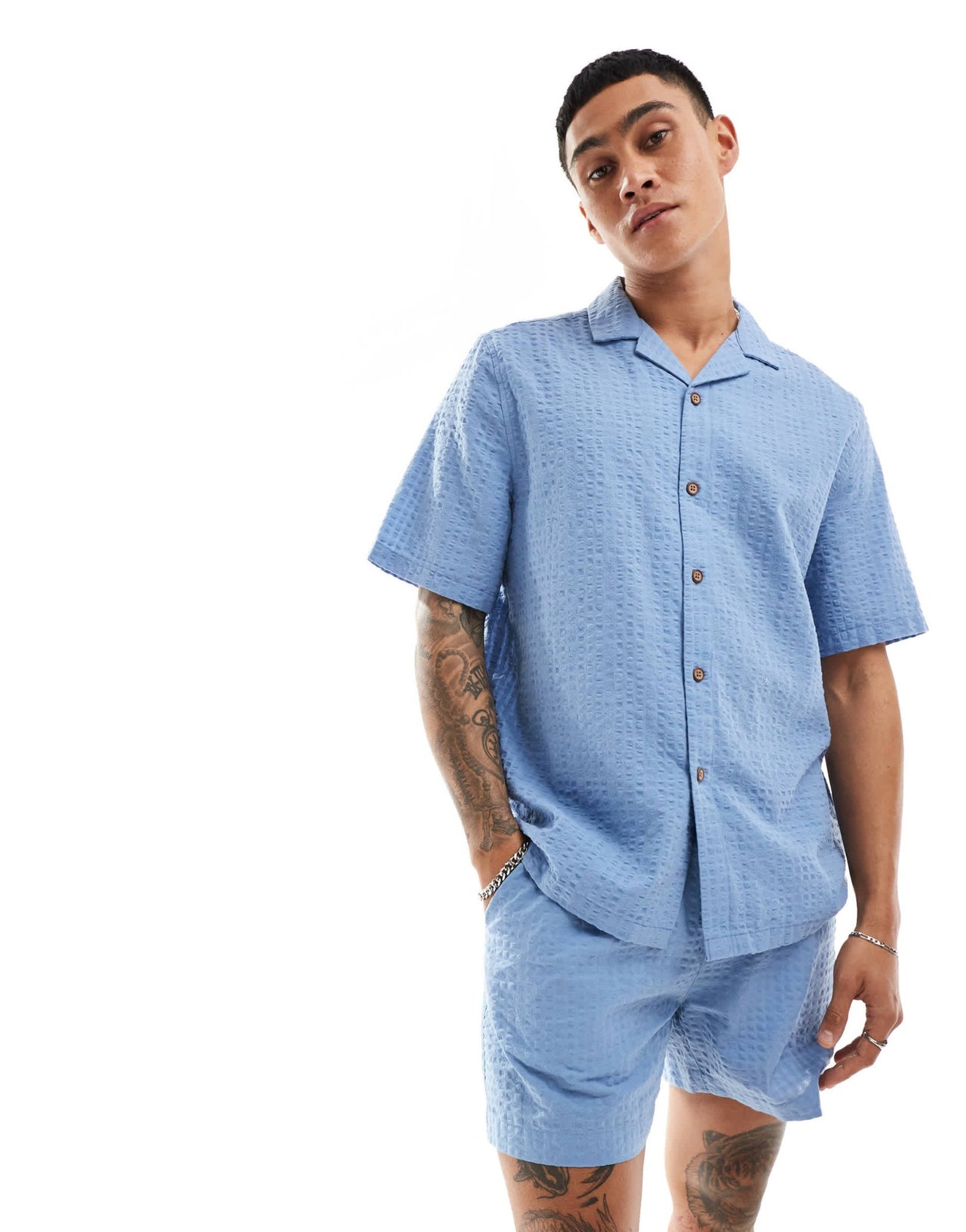 ASOS DESIGN co - ord 90s oversized short sleeve shirt in seersucker texture in dusty blue - ASOS Sample Sale EU Store