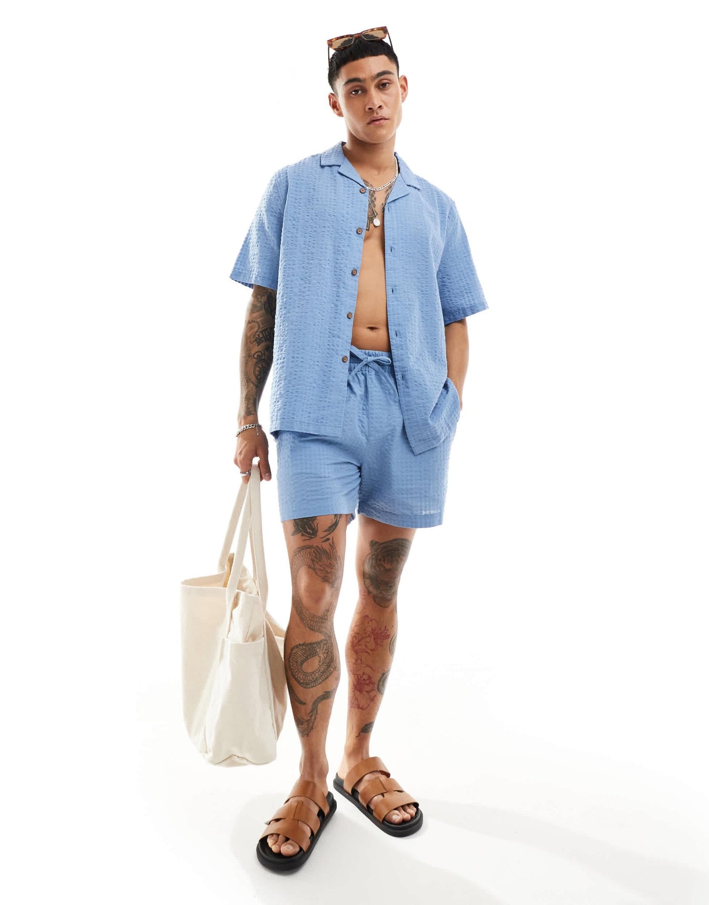 ASOS DESIGN co - ord 90s oversized short sleeve shirt in seersucker texture in dusty blue - ASOS Sample Sale EU Store